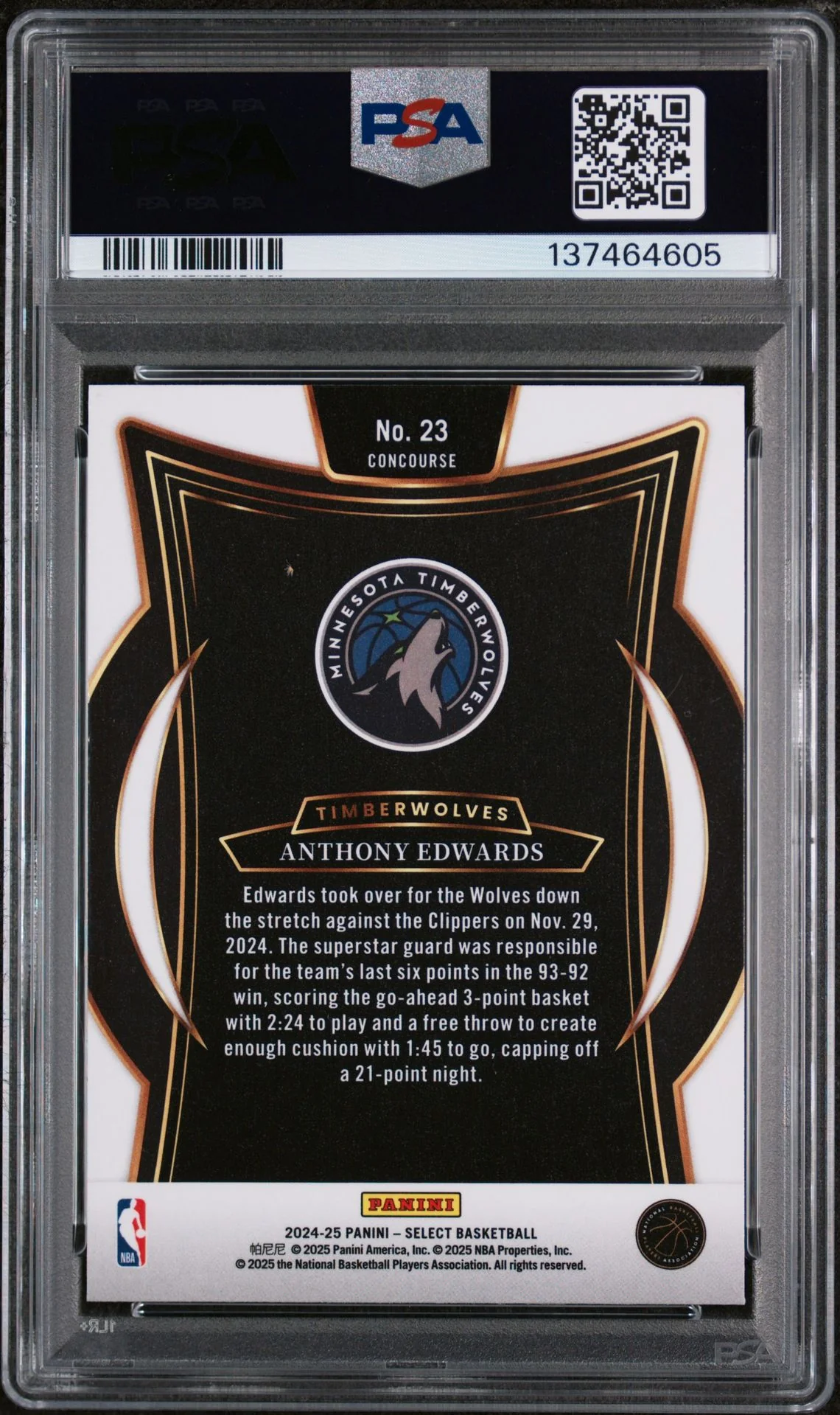 Anthony Edwards 2024 Select Blue Basketball Card #23 Graded PSA 10 Cert #137464605 - Image 2