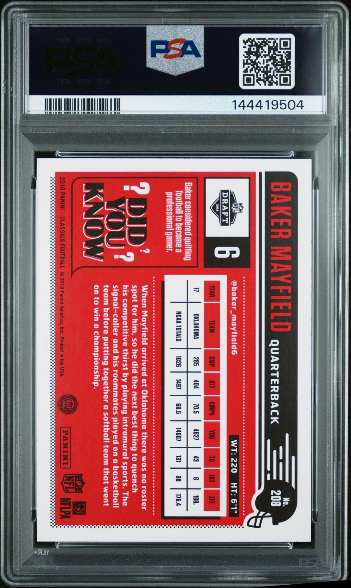 Baker Mayfield 2018 Panini Classics Red Back Oklahoma Sooners Signed Football RC Rookie Card #208 Serial 150/299 Graded PSA 7 Auto 10 Cert #144419504 - Image 2