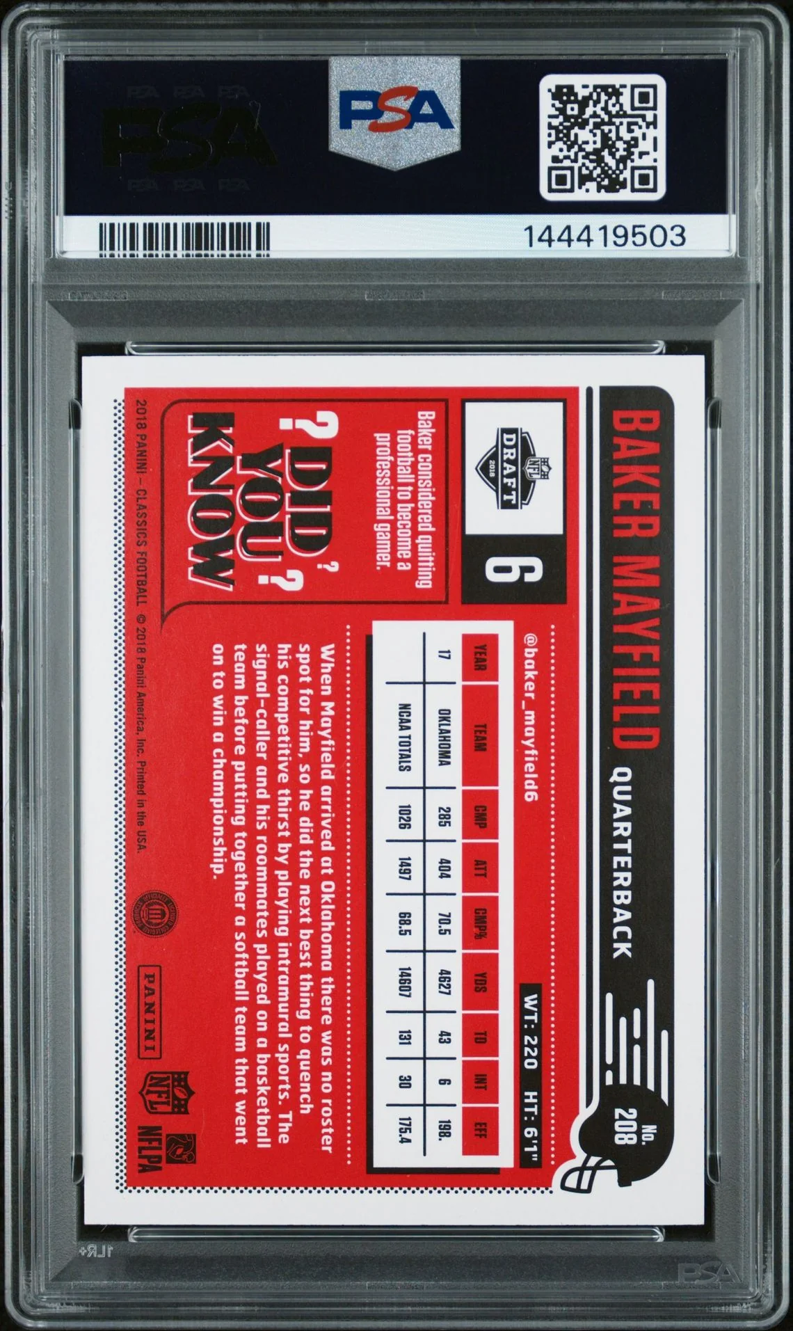 Baker Mayfield 2018 Panini Classics Red Back Oklahoma Sooners Signed Football RC Rookie Card #208 Serial 201/299 Graded PSA 10 Auto 10 Cert #144419503 - Image 2