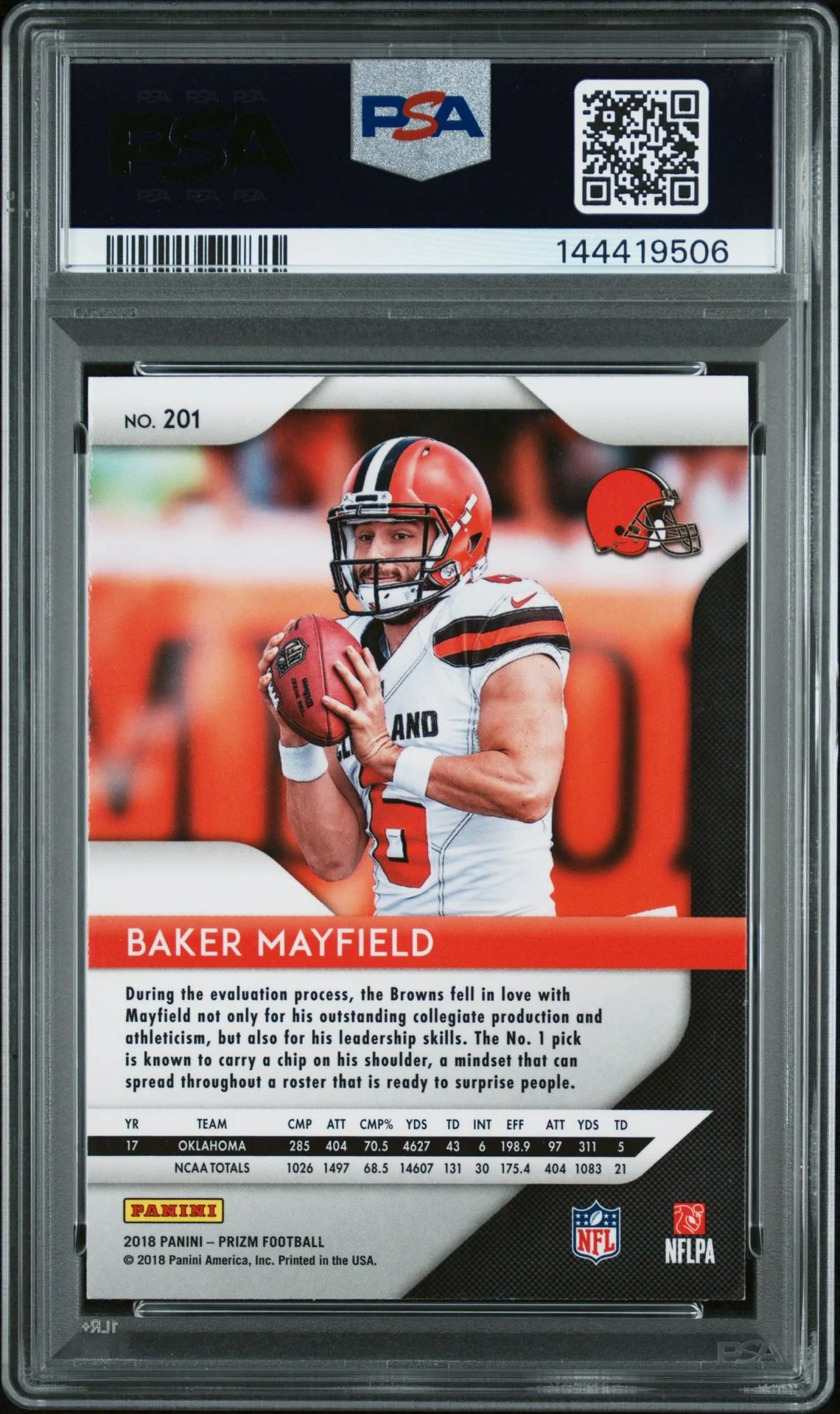 Baker Mayfield 2018 Panini Prizm Cleveland Browns Signed Football RC Rookie Card #201 Graded PSA 8 Auto 10 Cert #144419506 - Image 2