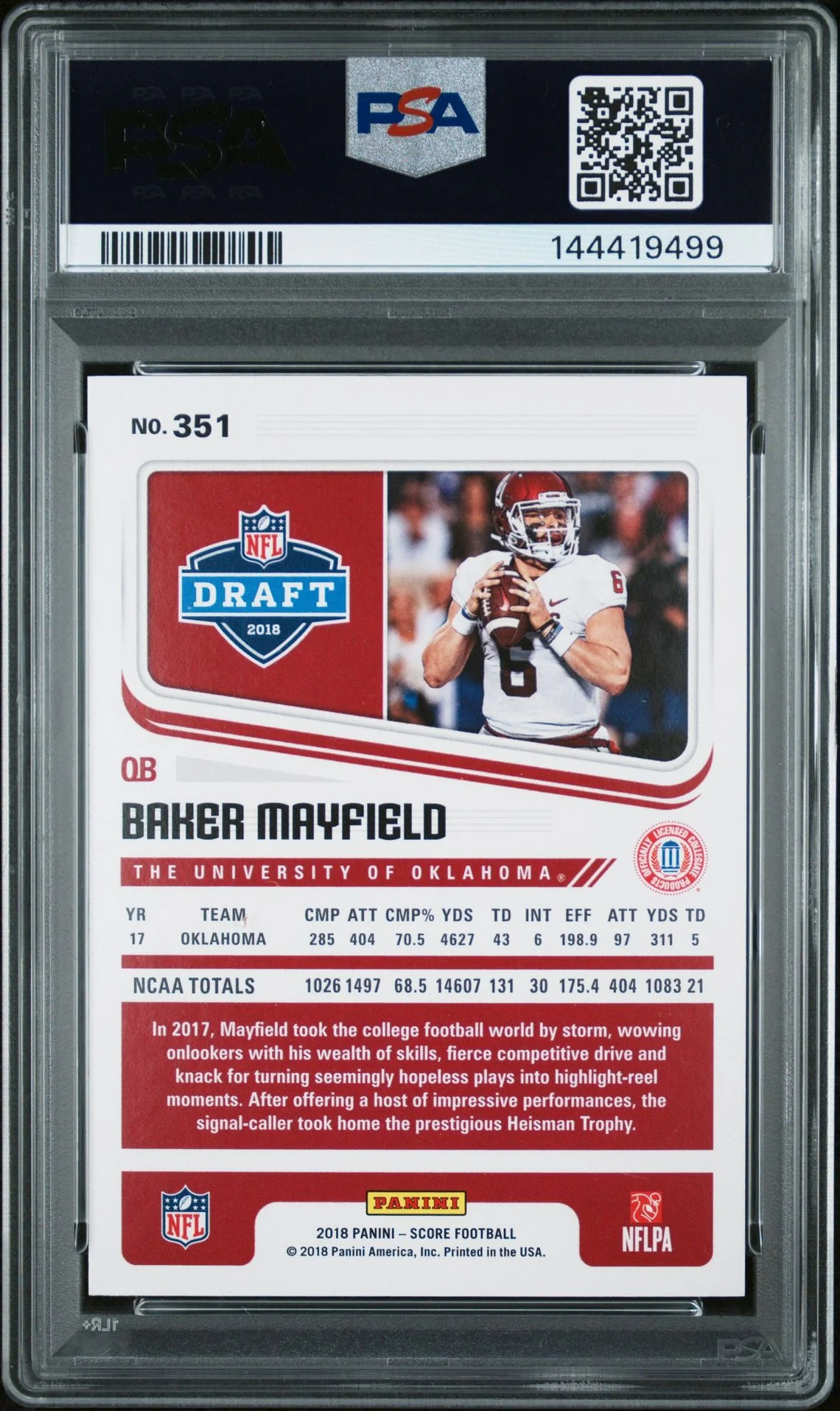 Baker Mayfield 2018 Panini Score Red Oklahoma Sooners Signed Football RC Rookie Card #351 Graded PSA 9 Auto 10 Cert #144419499 - Image 2