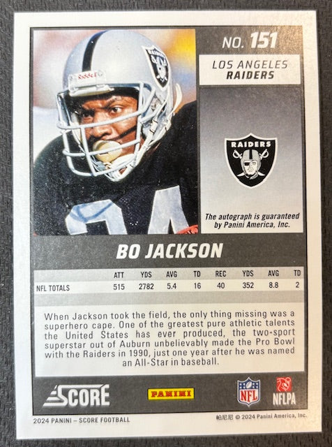 Bo Jackson 2024 Panini Score Signed Football Auto Card #151 - Image 2