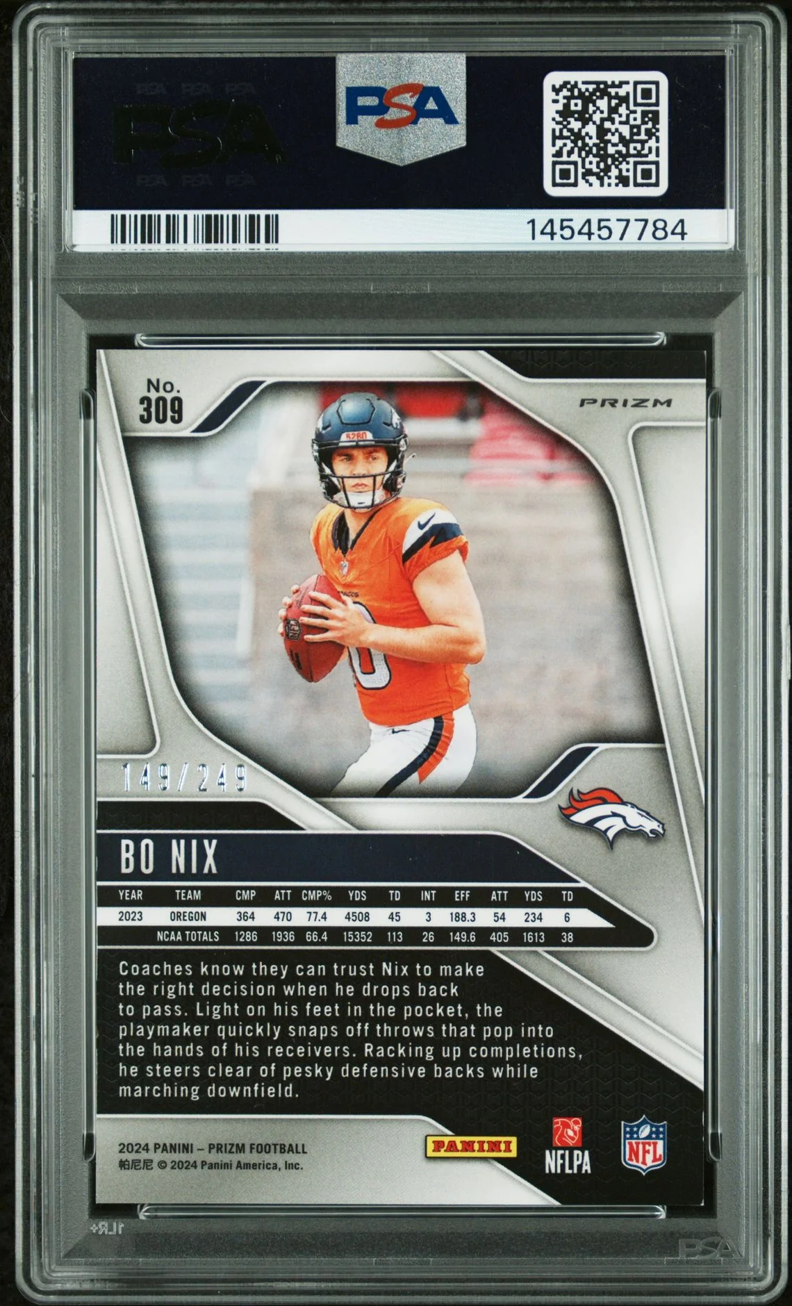 Bo Nix 2024 Panini Prizm Orange Prizm Denver Broncos Signed Football RC Rookie Card #309 149/249 Graded PSA 8 Auto 8 Cert #145457784 - Image 2