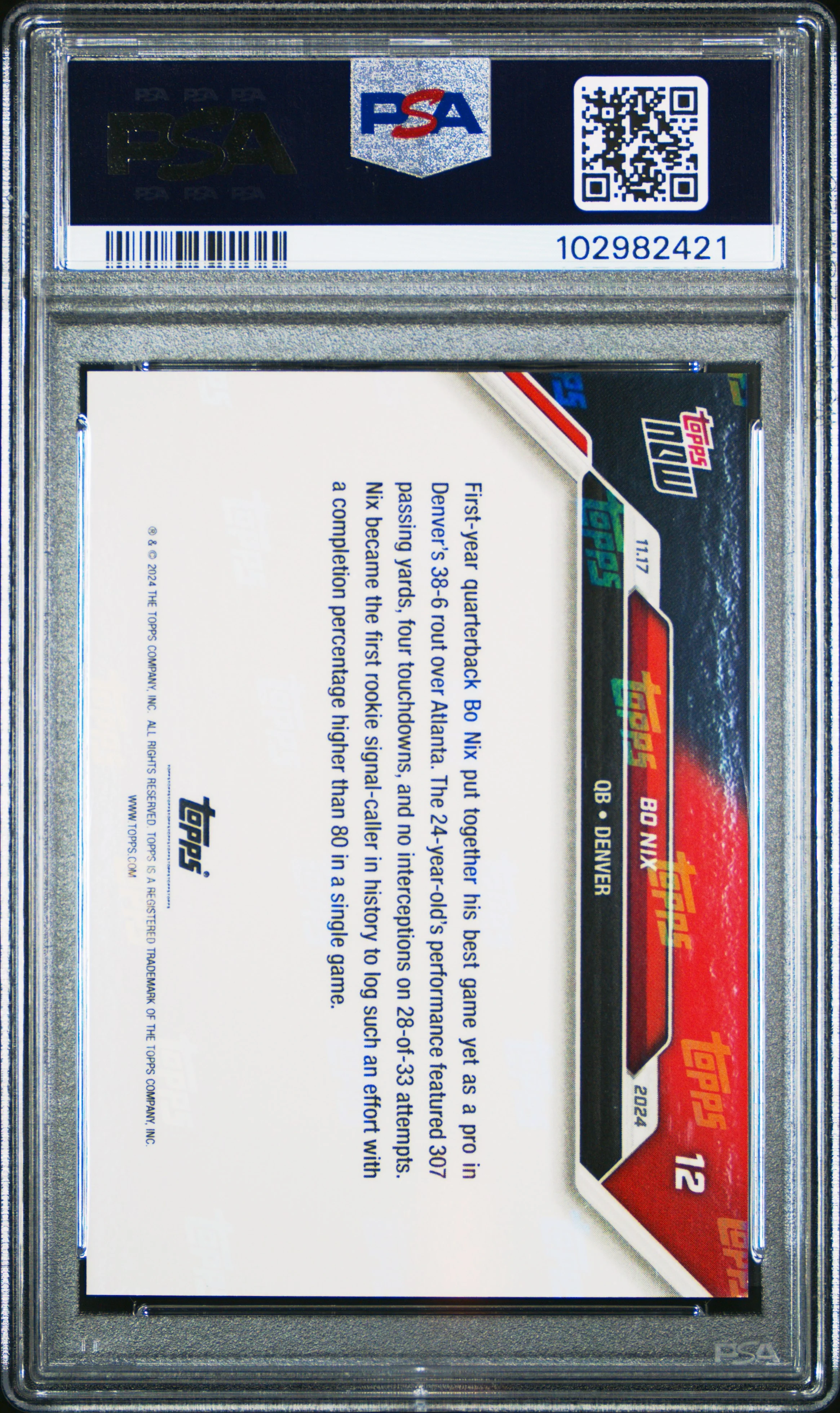 Bo Nix 2024 Topps Now Football Rookie Card #12 Graded PSA 9 Cert #102982421 - Image 2