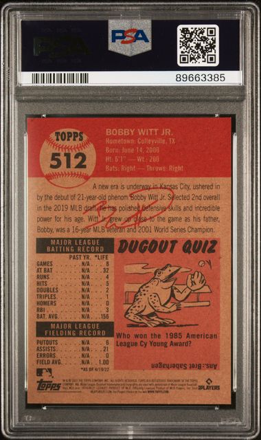 Bobby Witt Jr 2022 Topps Living Set Baseball Rookie Card RC #512 Graded PSA 10 - Image 2