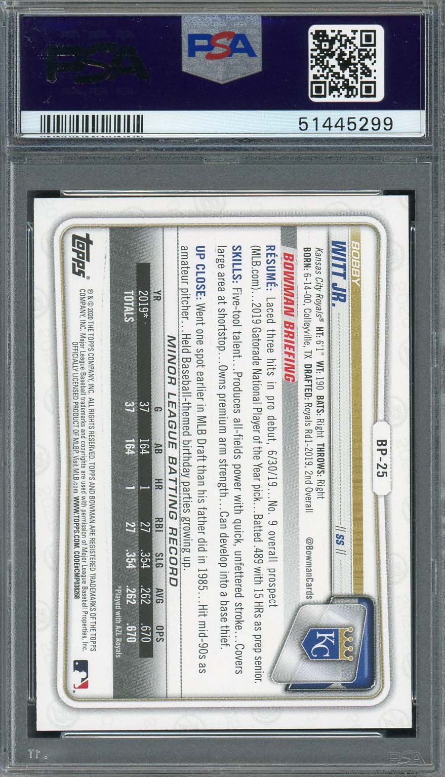 Bobby Witt Jr 2020 Bowman Paper Prospects Rookie Card RC #BP25 Graded PSA 10 - Image 2