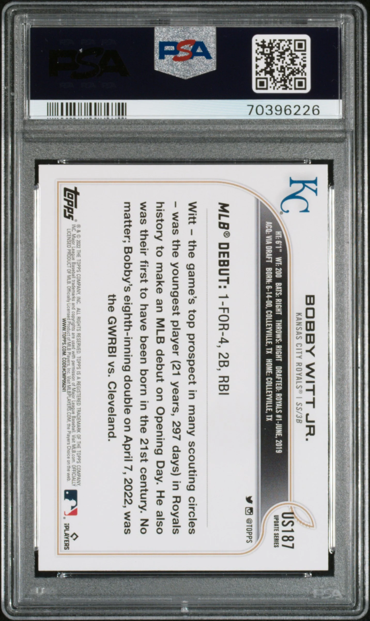 Bobby Witt Jr. 2022 Topps Update Rookie Debut Kansas City Royals Baseball RC Card #US187 Graded PSA 10 Cert #70396226 - Image 2