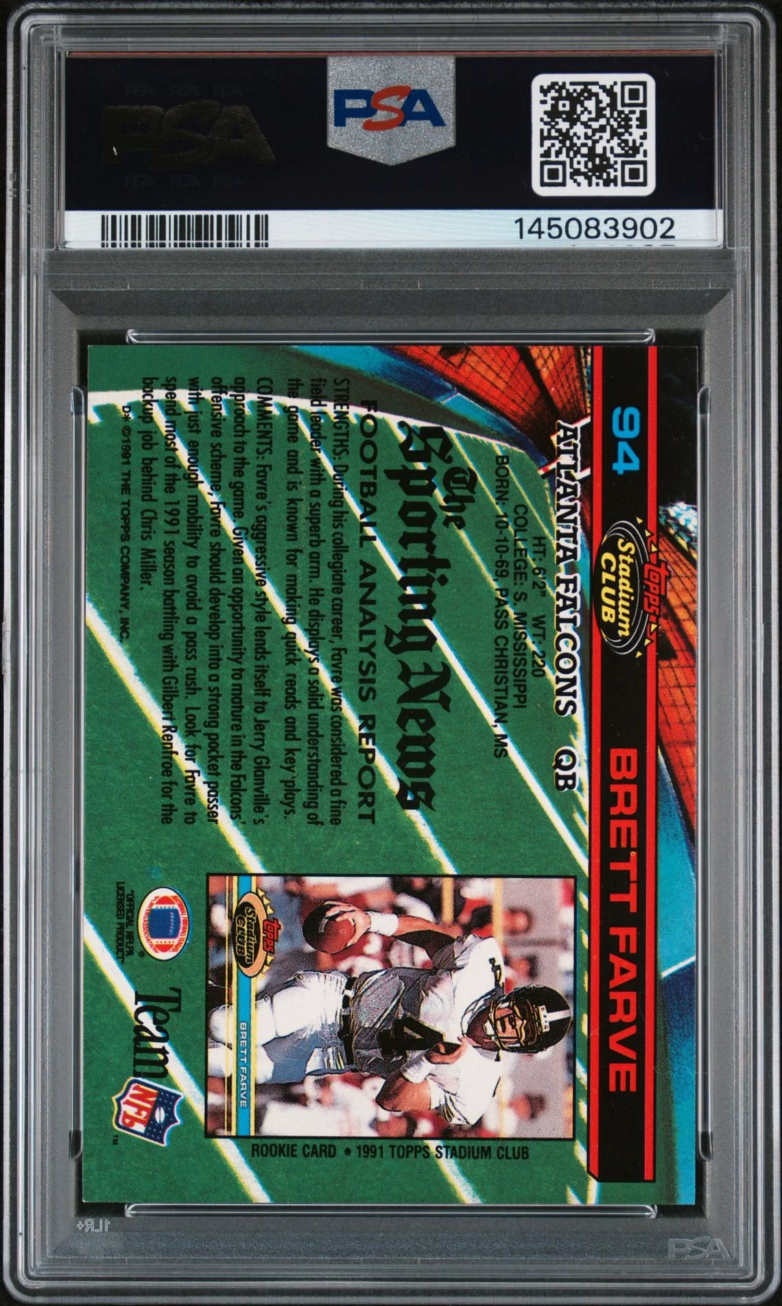 Brett Favre 1991 Topps Stadium Club Green Bay Packers Signed Football RC Rookie Card #94 Authentic Auto 10 Graded PSA 7 Cert #145083902 - Image 2