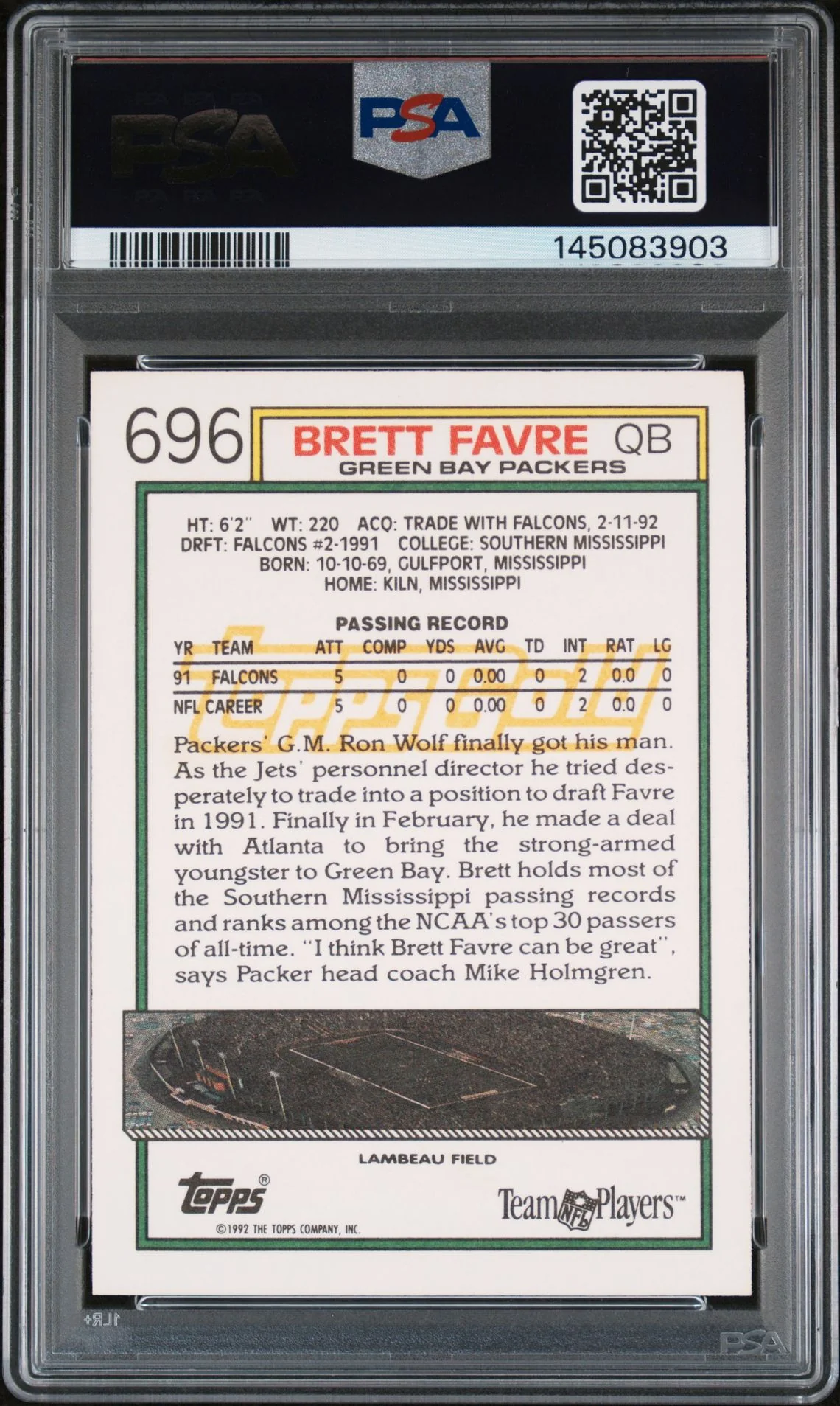 Brett Favre 1992 Topps Gold Green Bay Packers Signed Football Card #696 Authentic Auto 10 Graded PSA 6 Cert #145083903 - Image 2