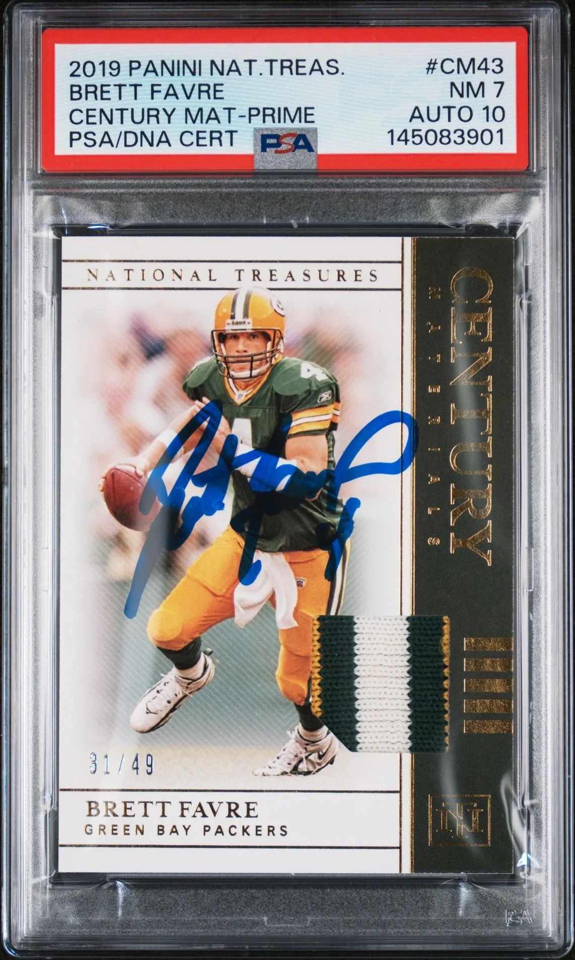 Brett Favre 2019 Panini National Treasures Green Bay Packers Signed Football Card #CM43 Century Material Prime Game Used Patch Authentic Auto 10 Graded PSA 7 Cert #145083901 31/49