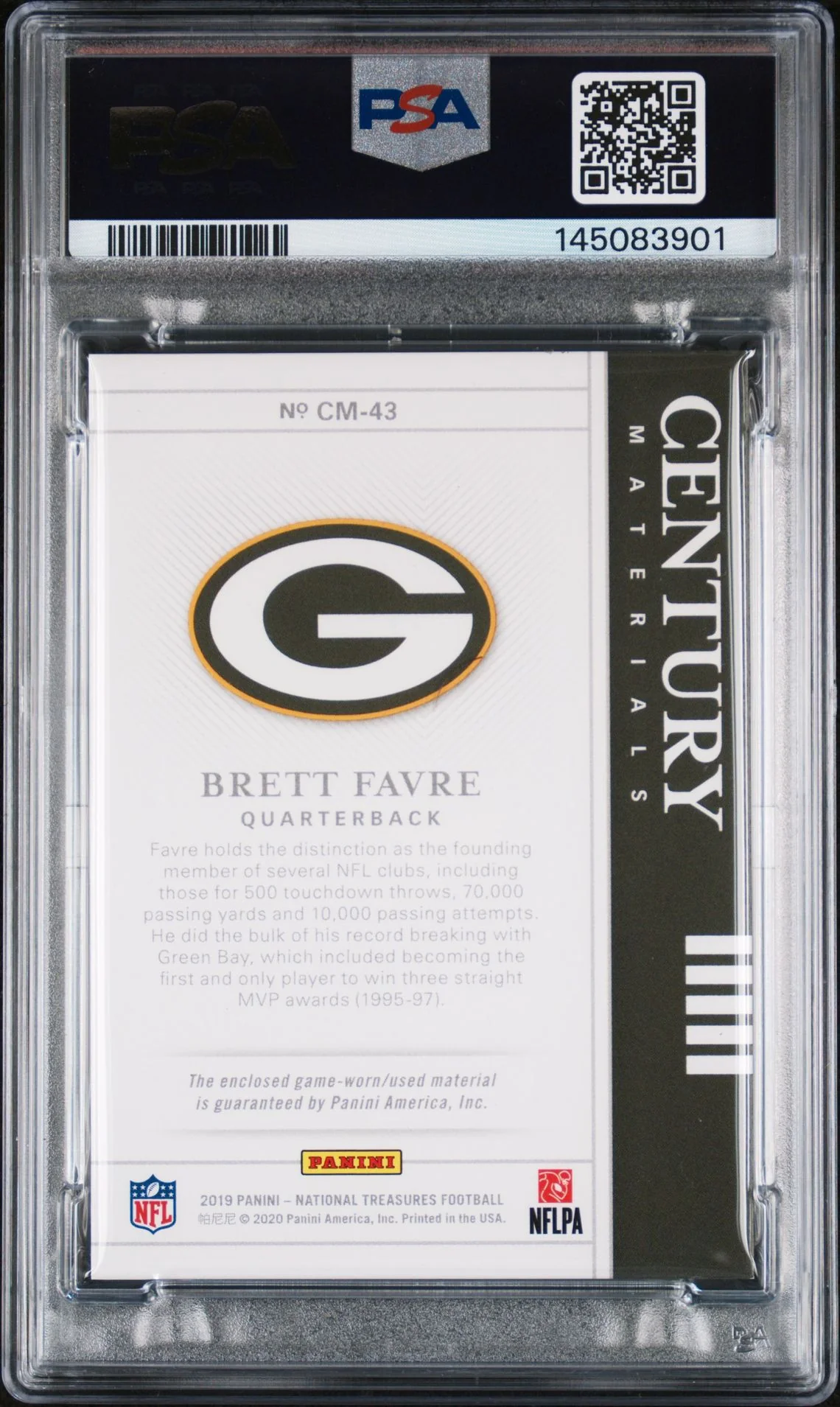 Brett Favre 2019 Panini National Treasures Green Bay Packers Signed Football Card #CM43 Century Material Prime Game Used Patch Authentic Auto 10 Graded PSA 7 Cert #145083901 31/49 - Image 2