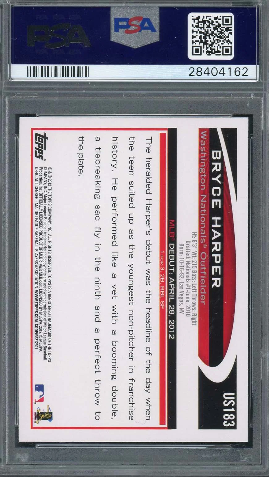 Bryce Harper 2012 Topps Update Baseball Rookie Card RC #US183 Graded PSA 10 - Image 2