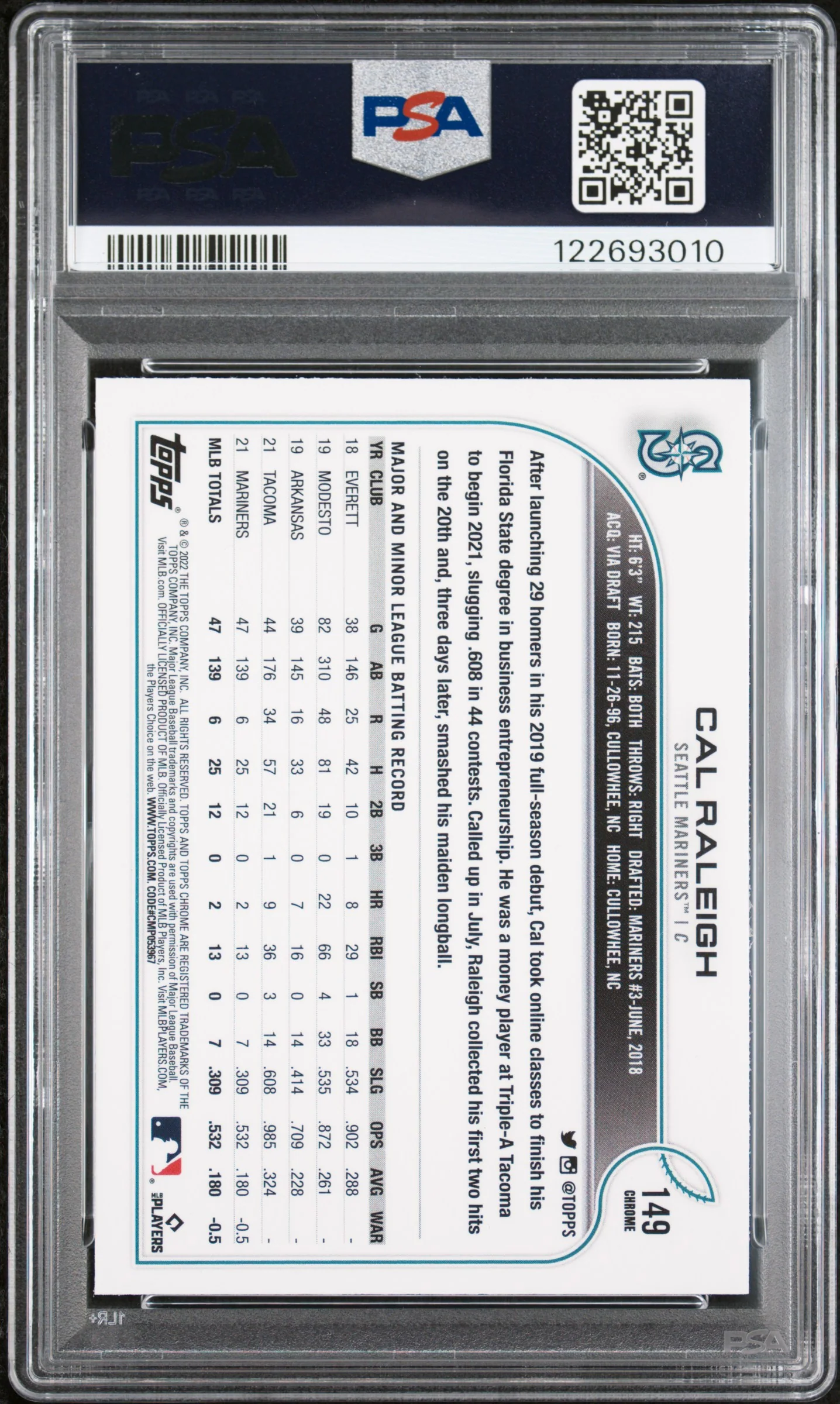 Cal Raleigh 2022 Topps Chrome Seattle Mariners Baseball Rookie Card #149 Graded PSA 9 Cert #122693010 - Image 2