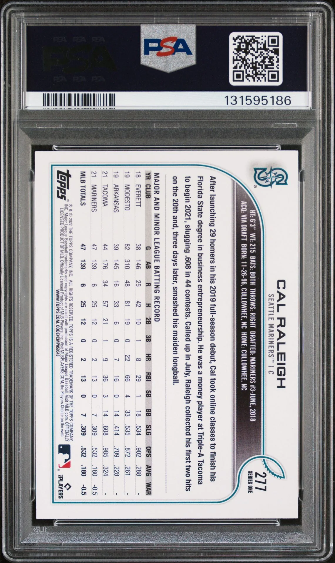 Cal Raleigh 2022 Topps Rookie Baseball Rookie Card #277 Graded PSA 9 Cert #131595186 - Image 2
