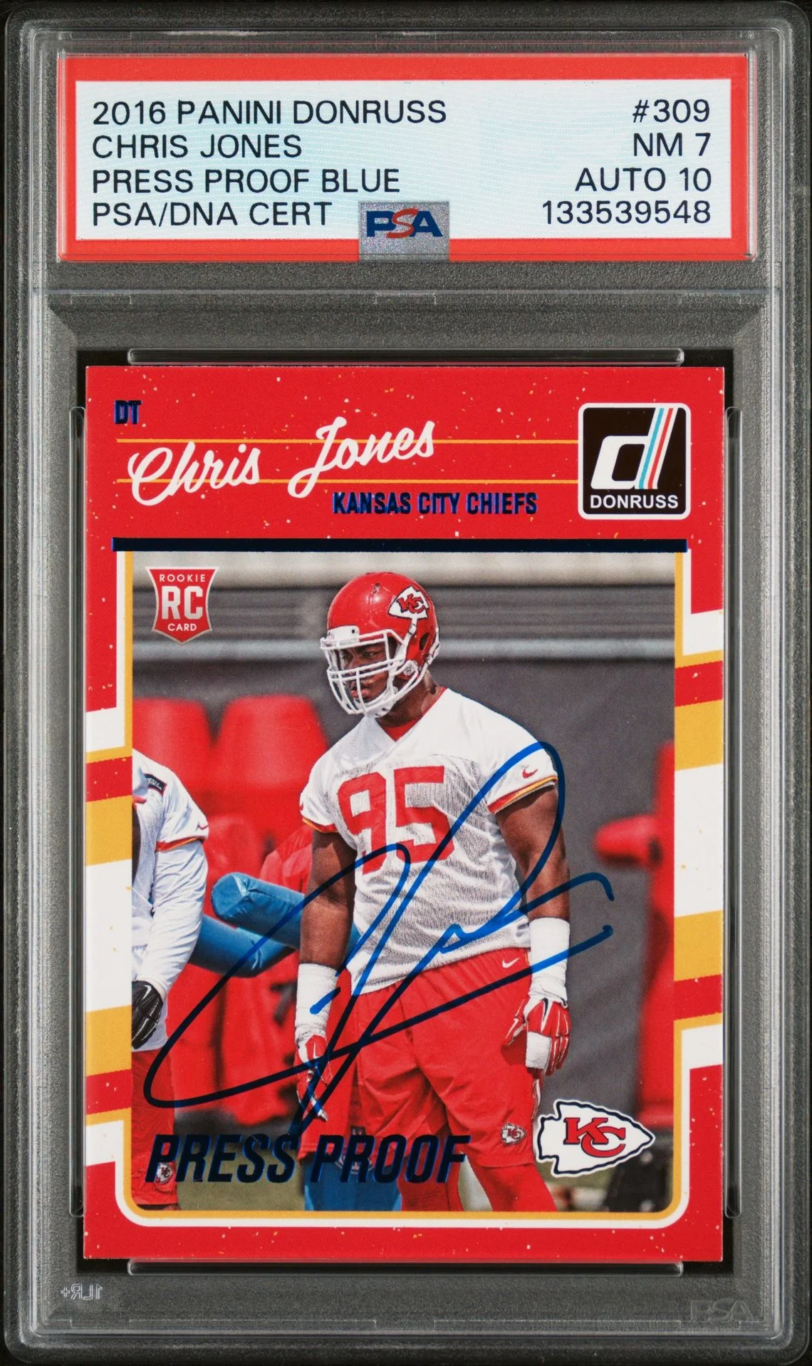 Chris Jones 2016 Panini Donruss Press Proof Blue Signed Football Rookie Card #309 Graded PSA 7 Auto 10 Cert #133539548