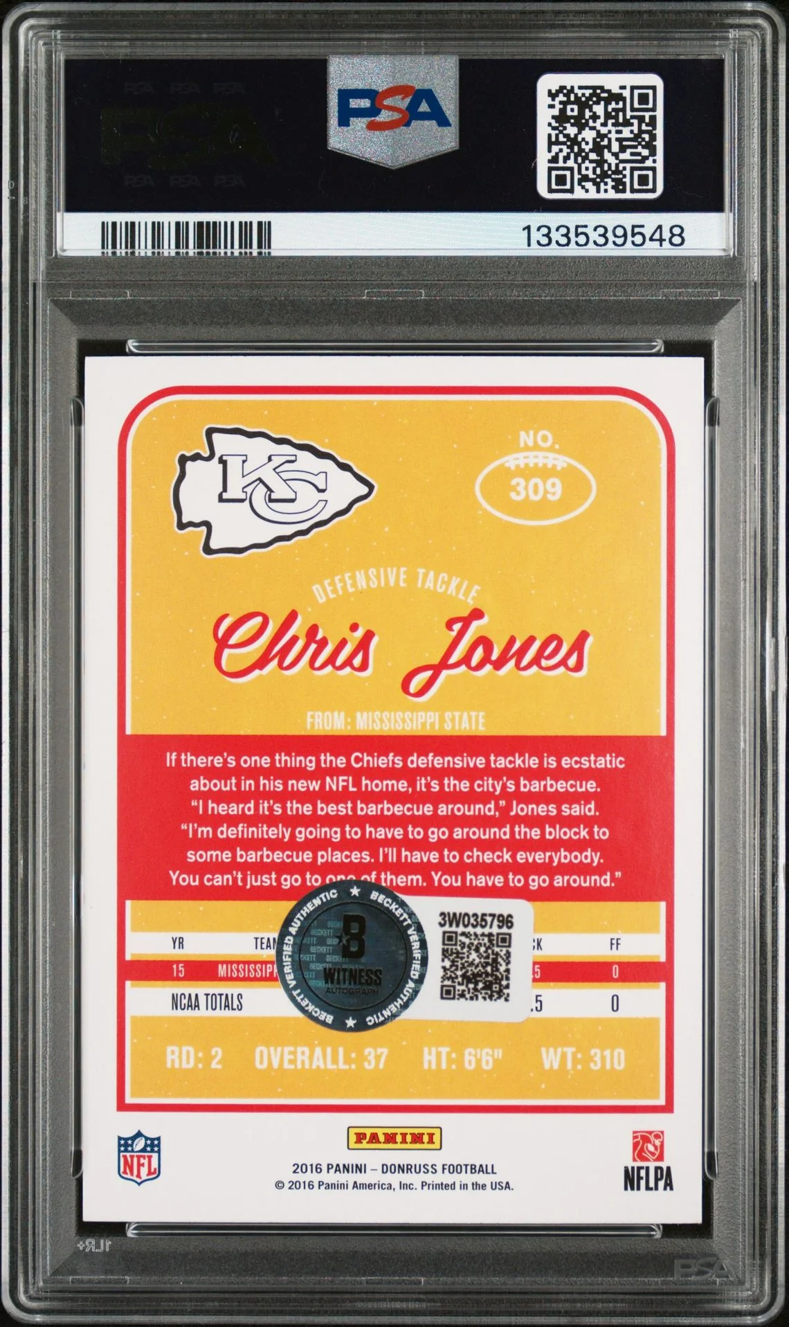 Chris Jones 2016 Panini Donruss Press Proof Blue Signed Football Rookie Card #309 Graded PSA 7 Auto 10 Cert #133539548 - Image 2