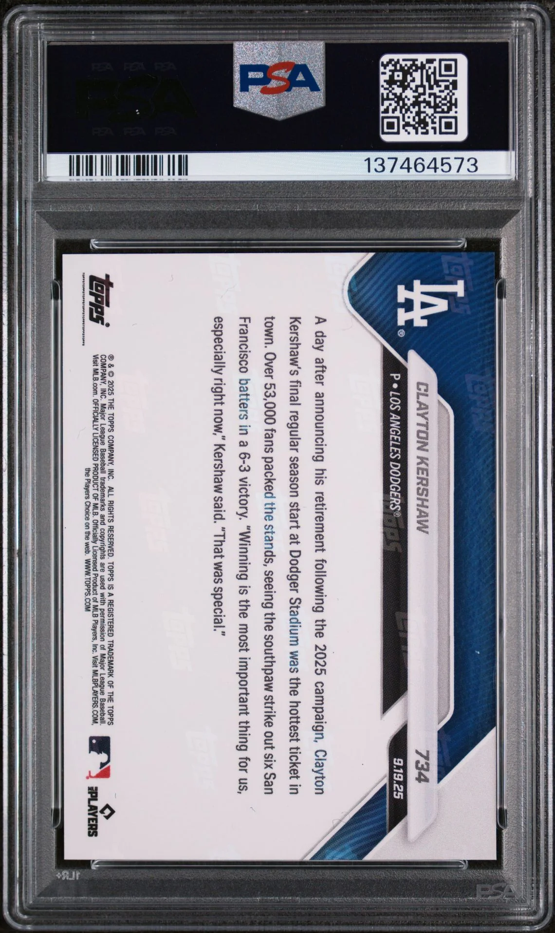 Clayton Kershaw 2025 Topps Now Last Game Baseball Card #734 Graded PSA 10 Cert #137464573 - Image 2