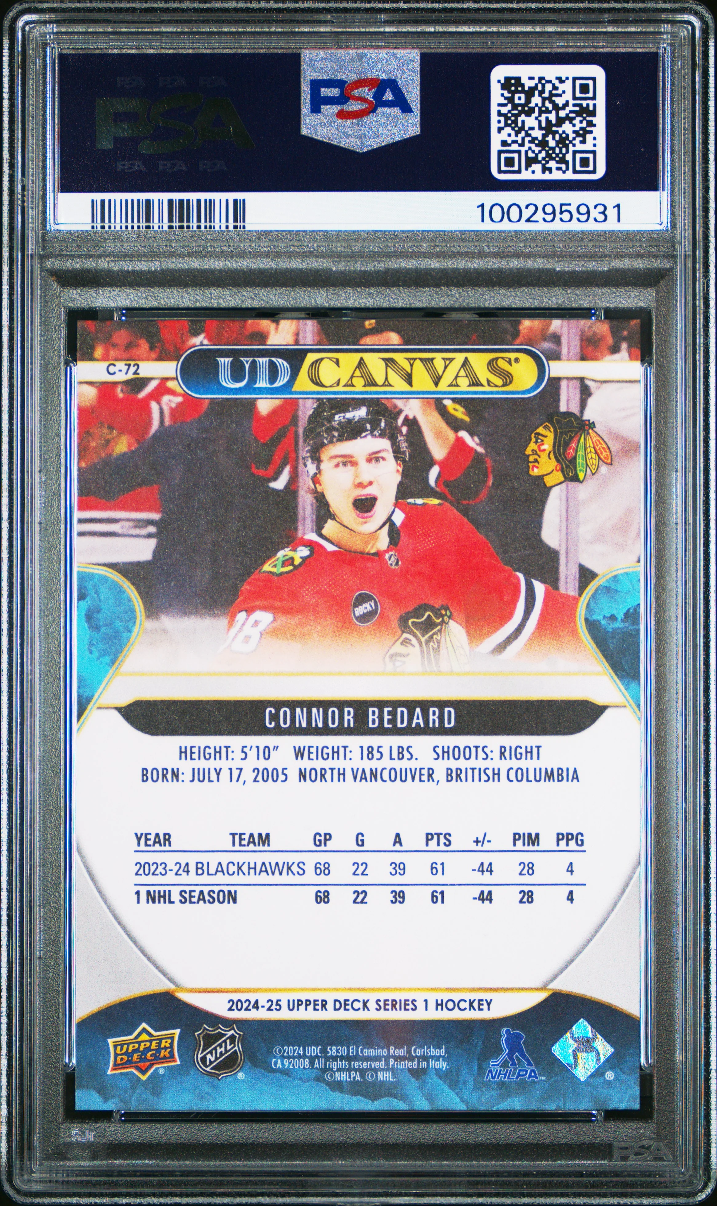 Connor Bedard 2024 Upper Deck UD Canvas Hockey Card #C72 Graded PSA 10 Cert #100295931 - Image 2