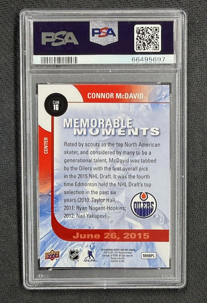 Connor McDavid 2016 Upper Deck National Hockey Day Canada Hockey Card #CAN16 Graded PSA 10 Cert #66495697 - Image 2