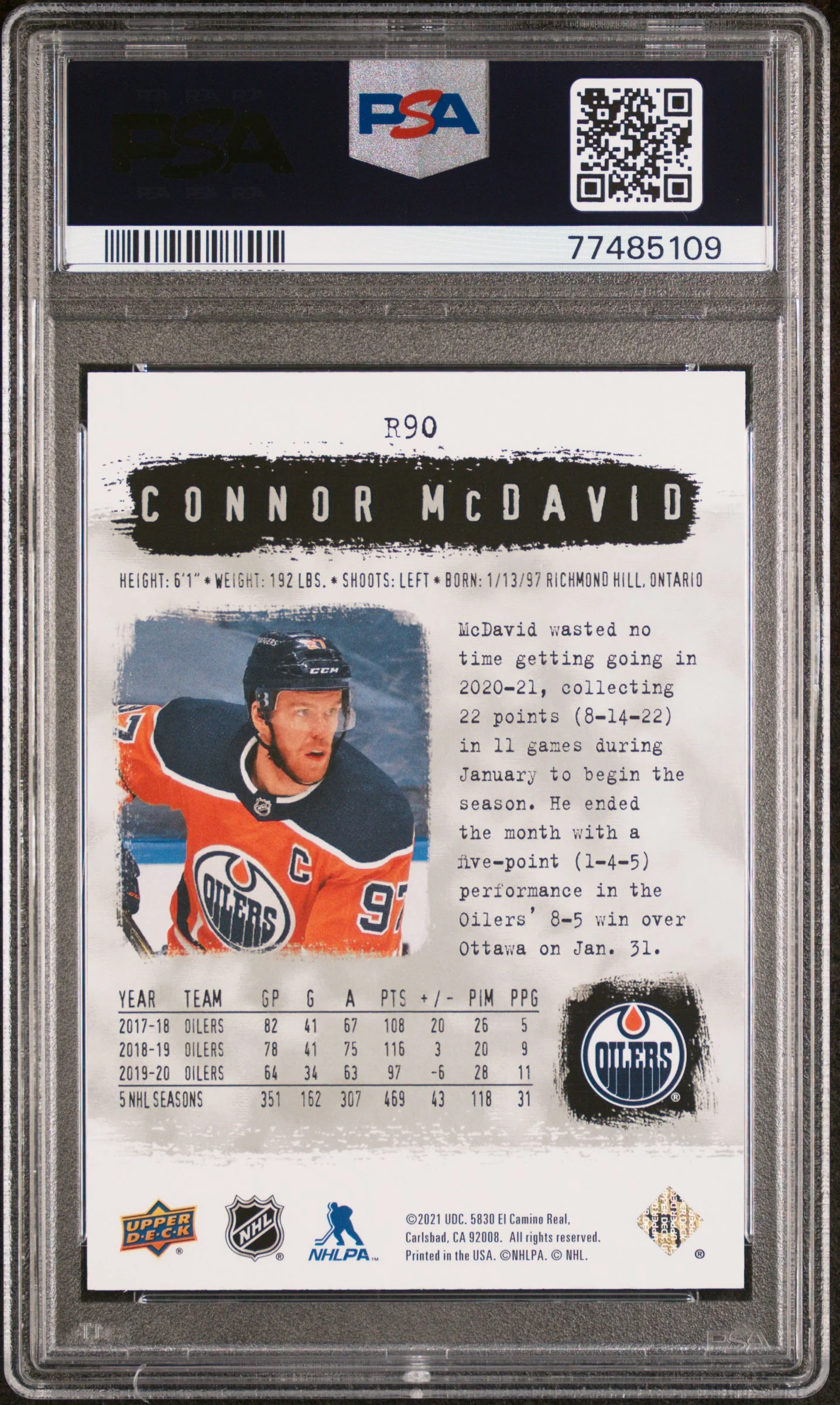 Connor McDavid 2020 SP Authentic 2000-01 Retro Hockey Card #R90 Graded PSA 10 Cert #77485109 - Image 2