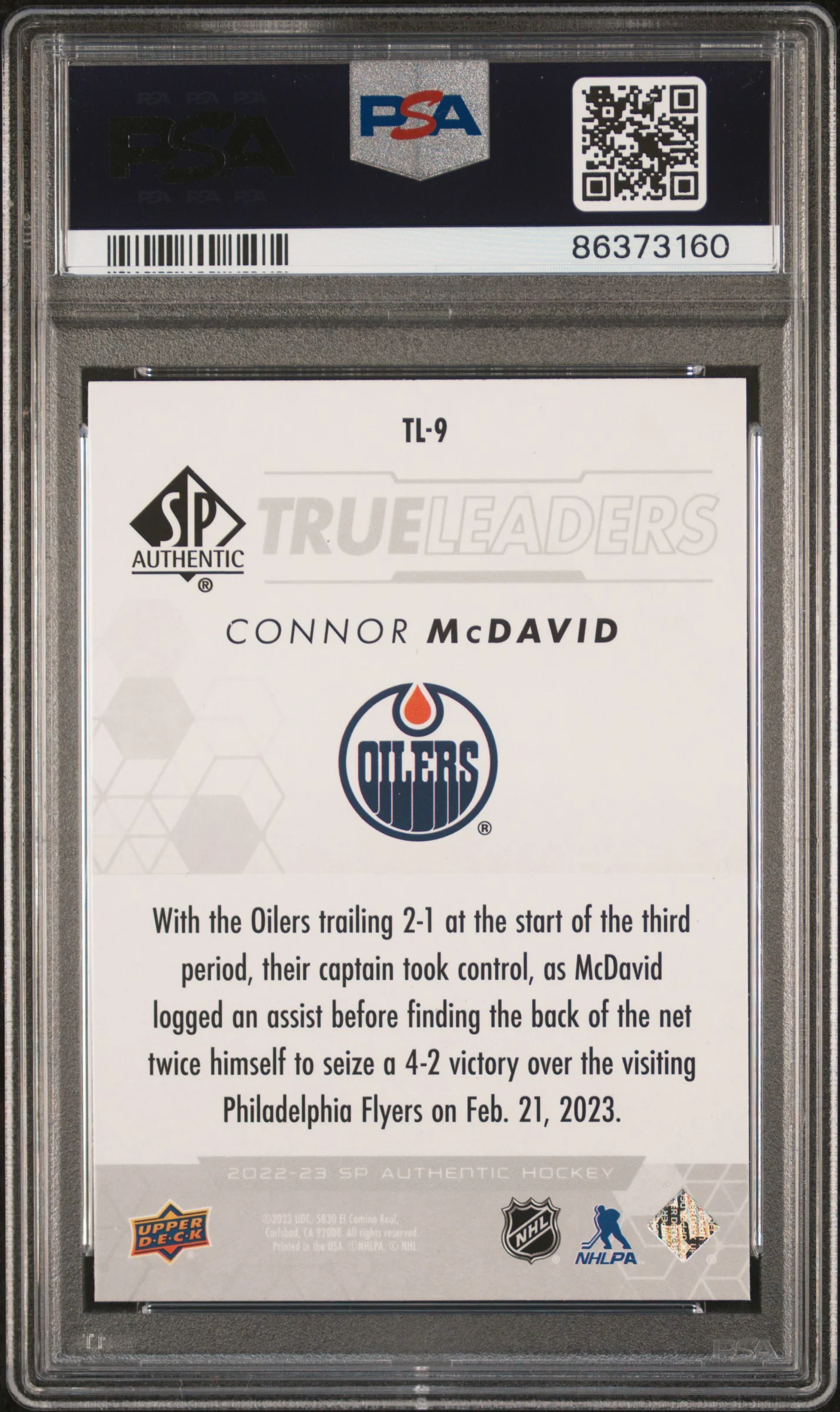 Connor McDavid 2022 SP Authentic True Leaders Hockey Card #TL9 Graded PSA 10 Cert #86373160 - Image 2