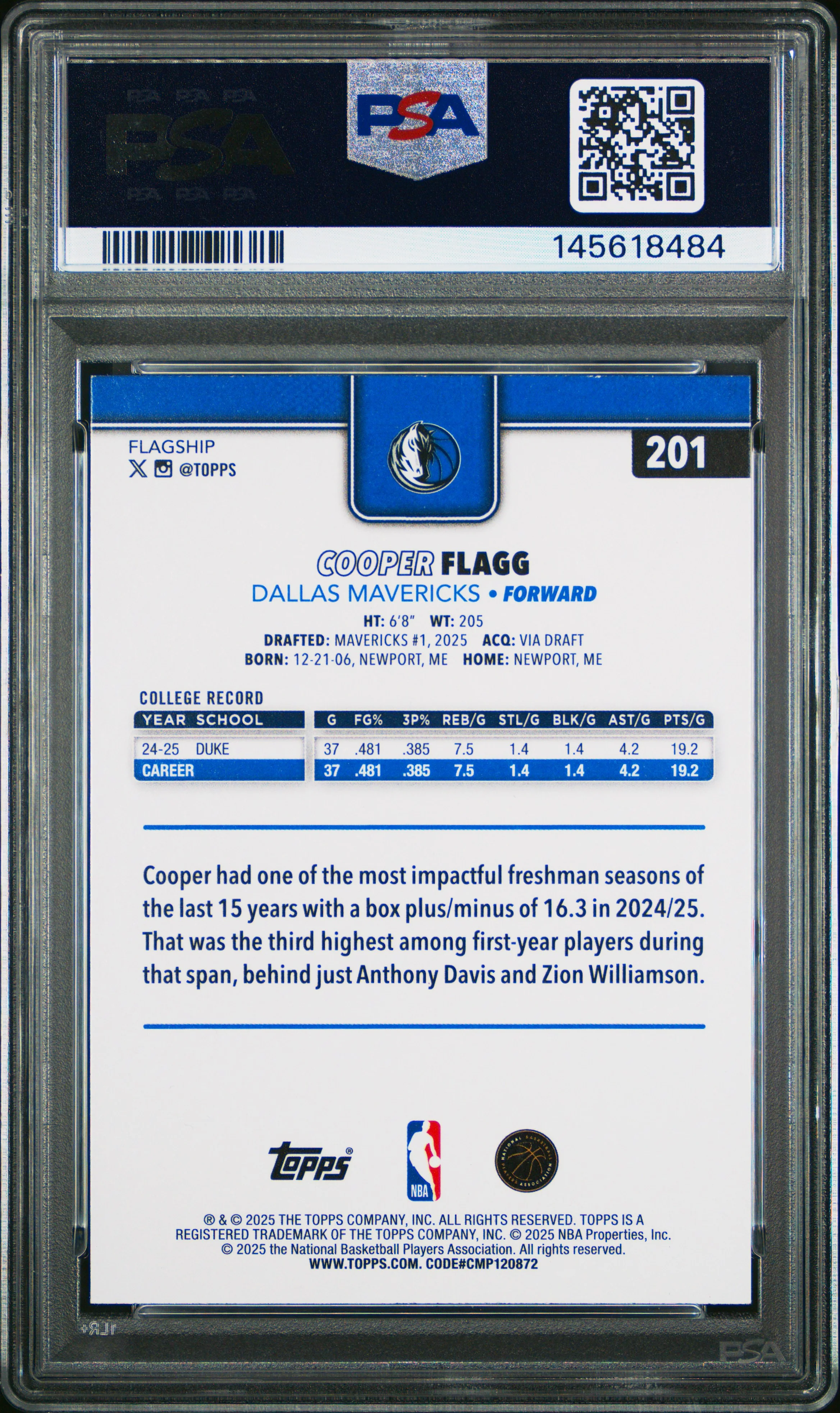 Cooper Flagg 2025 Topps Basketball Rookie Card #201 Graded PSA 9 Cert #145618484 - Image 2