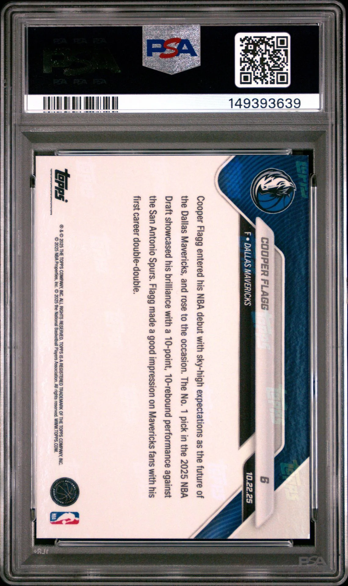 Cooper Flagg 2025 Topps Now Dallas Mavericks NBA Debut Basketball RC Rookie Card #6 Graded PSA 9 Cert #149393639 - Image 2