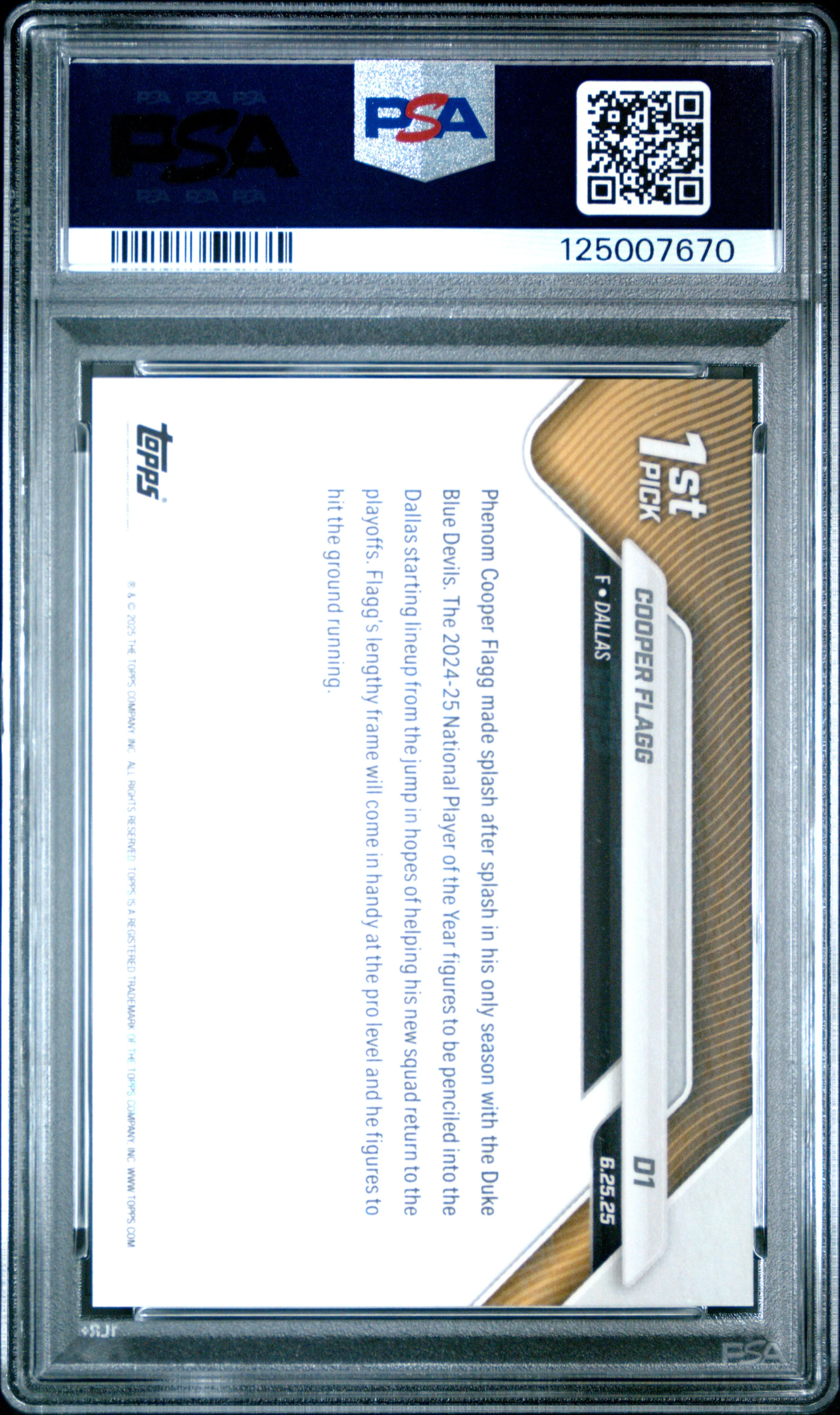 Cooper Flagg 2025 Topps Now Draft Basketballl Rookie Card #D1 Graded PSA 10 Cert # 125007670 - Image 2