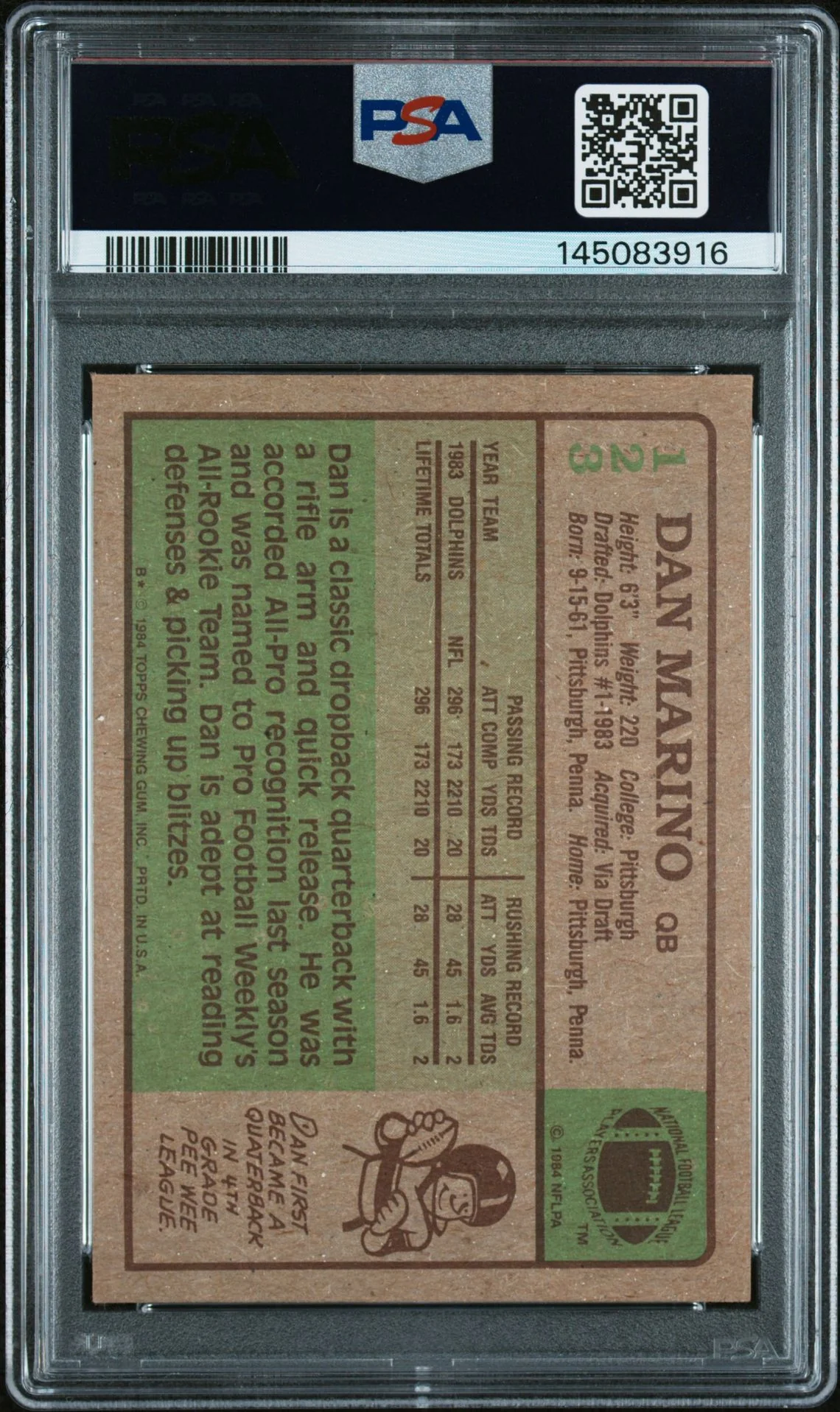 Dan Marino 1984 Topps Miami Dolphins Signed Football RC Rookie Card #123 RC Auto 10 Graded PSA 6 Cert #145083916 - Image 2