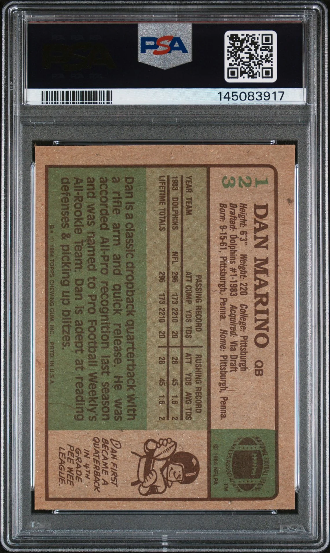 Dan Marino 1984 Topps Miami Dolphins Signed Football RC Rookie Card #123 RC Auto 10 PSA Authentic Cert #145083917 - Image 2
