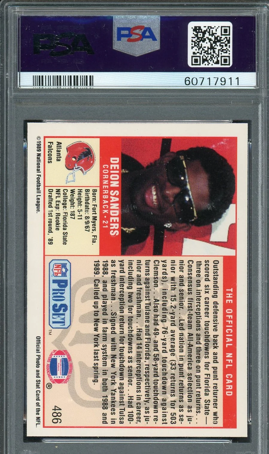 Deion Sanders 1989 Pro Set Football Rookie Card RC #486 Graded PSA 8 - Image 2