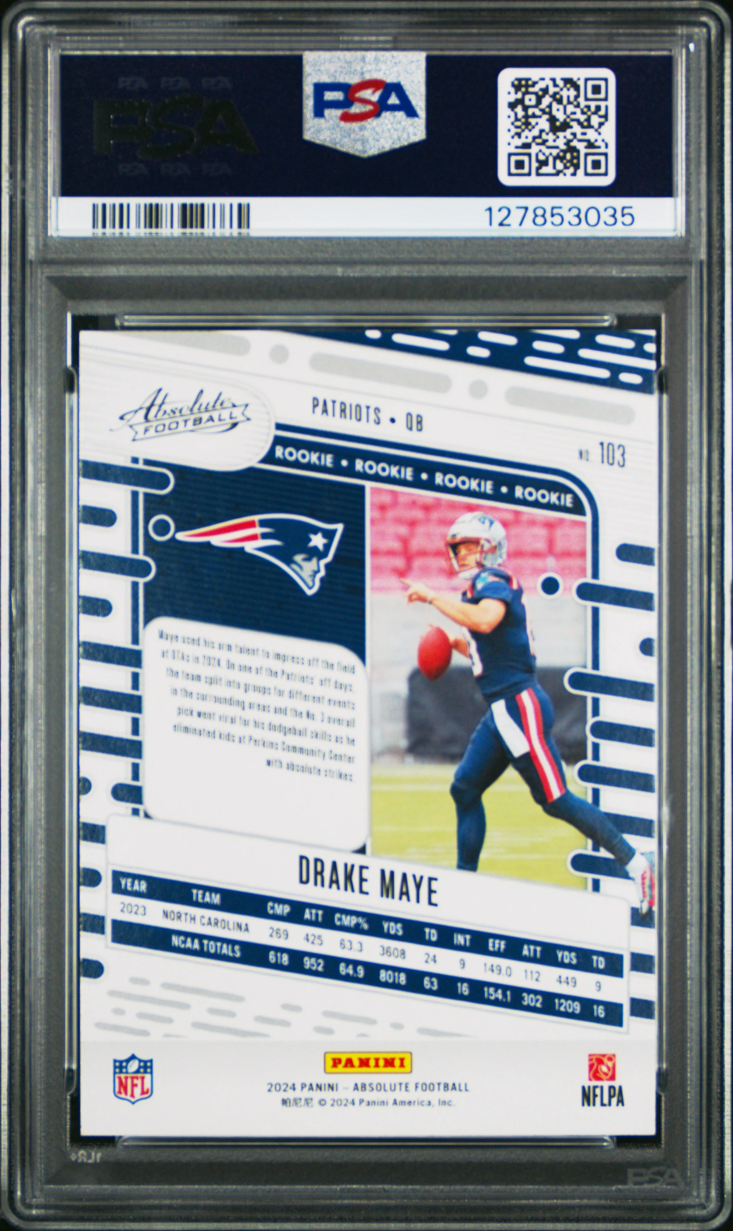 Drake Maye 2024 Absolute Red and Blue Rookie Football Card #103 Graded PSA 10 Cert #127853035 - Image 2