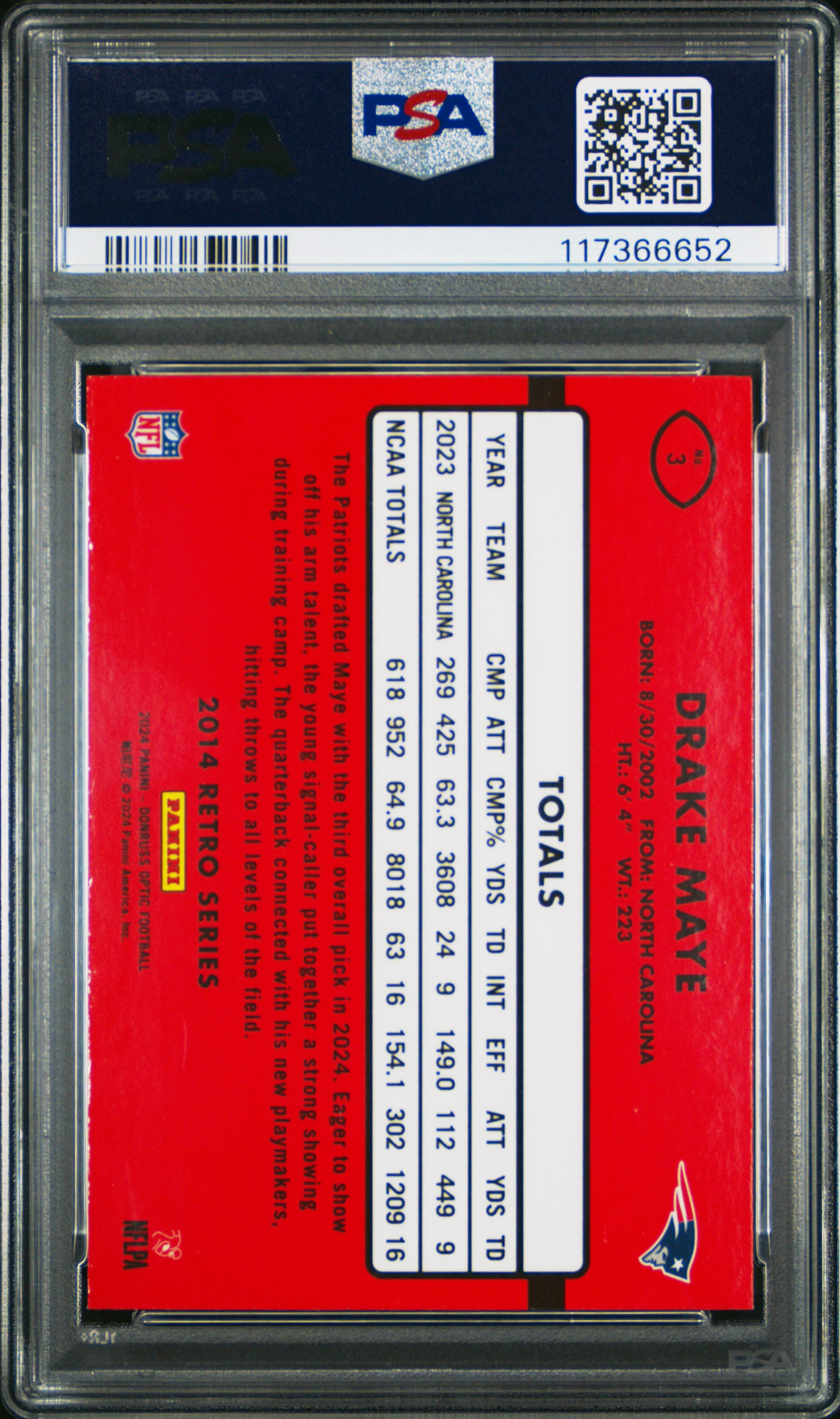 Drake Maye 2024 Donruss Optic 2014 Retro Series Rookie Football Card #3 Graded PSA 10 Cert #117366652 - Image 2