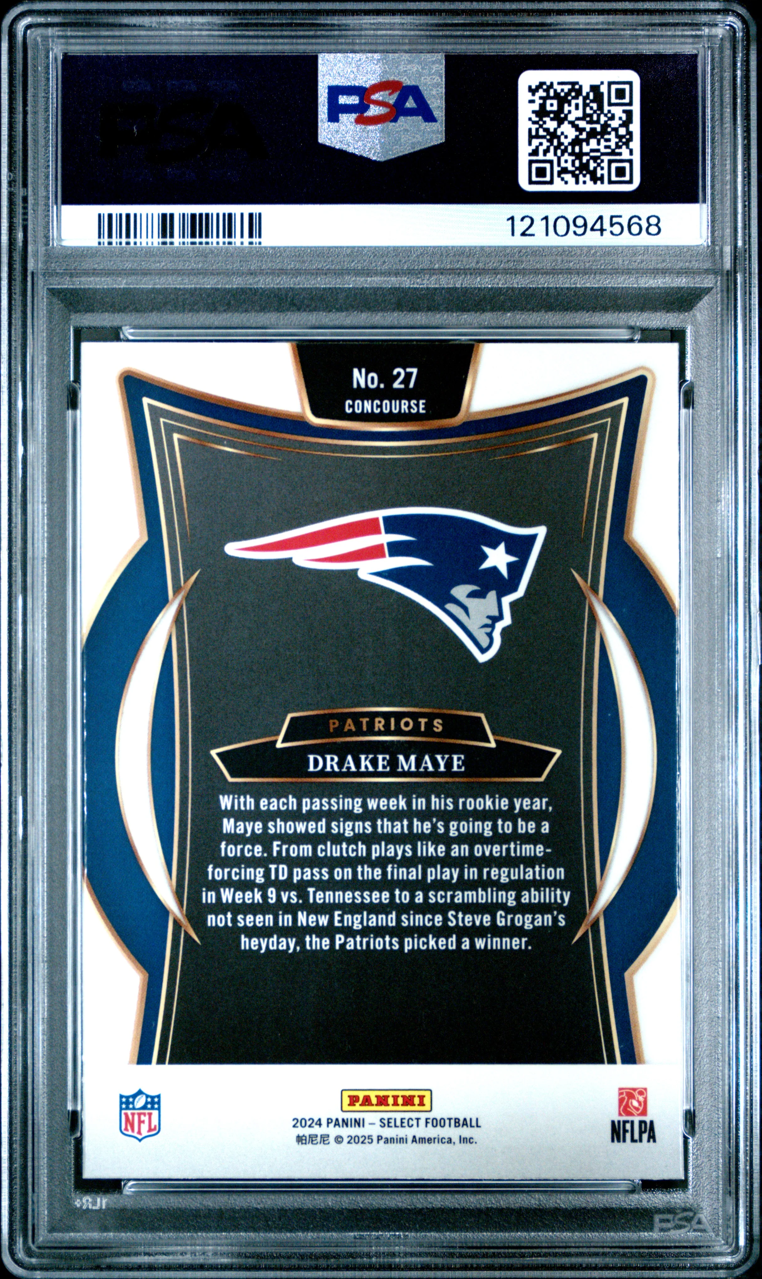 Drake Maye 2024 Select Rookie Football Card #27 Graded PSA 10 Cert #121094568 - Image 2