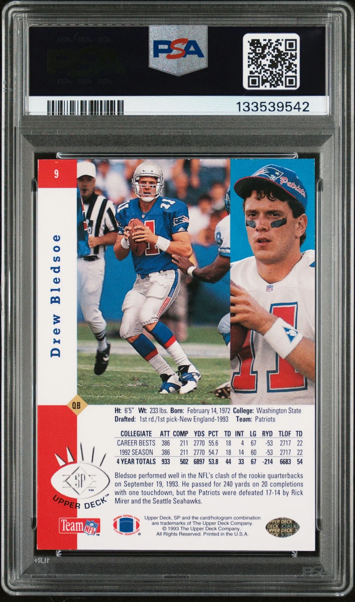 Drew Bledsoe 1993 SP Foil Signed Football Rookie Card #9 Graded PSA 6 Auto 10 Cert #133539542 - Image 2