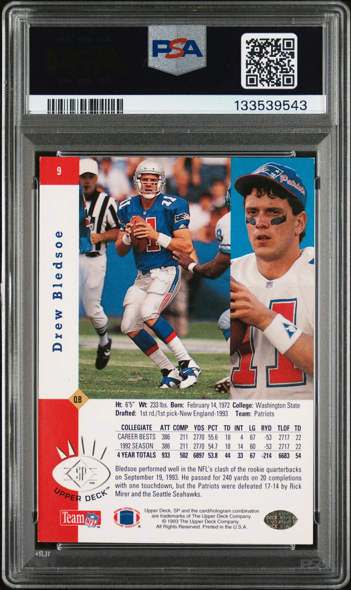 Drew Bledsoe 1993 SP Foil Signed Football Rookie Card #9 Graded PSA 6 Auto 10 Cert #133539543 - Image 2