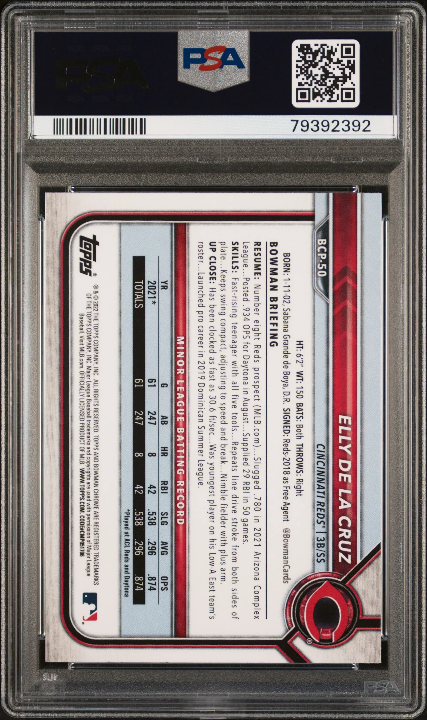 Elly De La Cruz 2022 Bowman Chrome Prospects 1st Bowman Cincinnati Reds Baseball RC Rookie Card #BCP50 Graded PSA 10 Cert #79392392 - Image 2