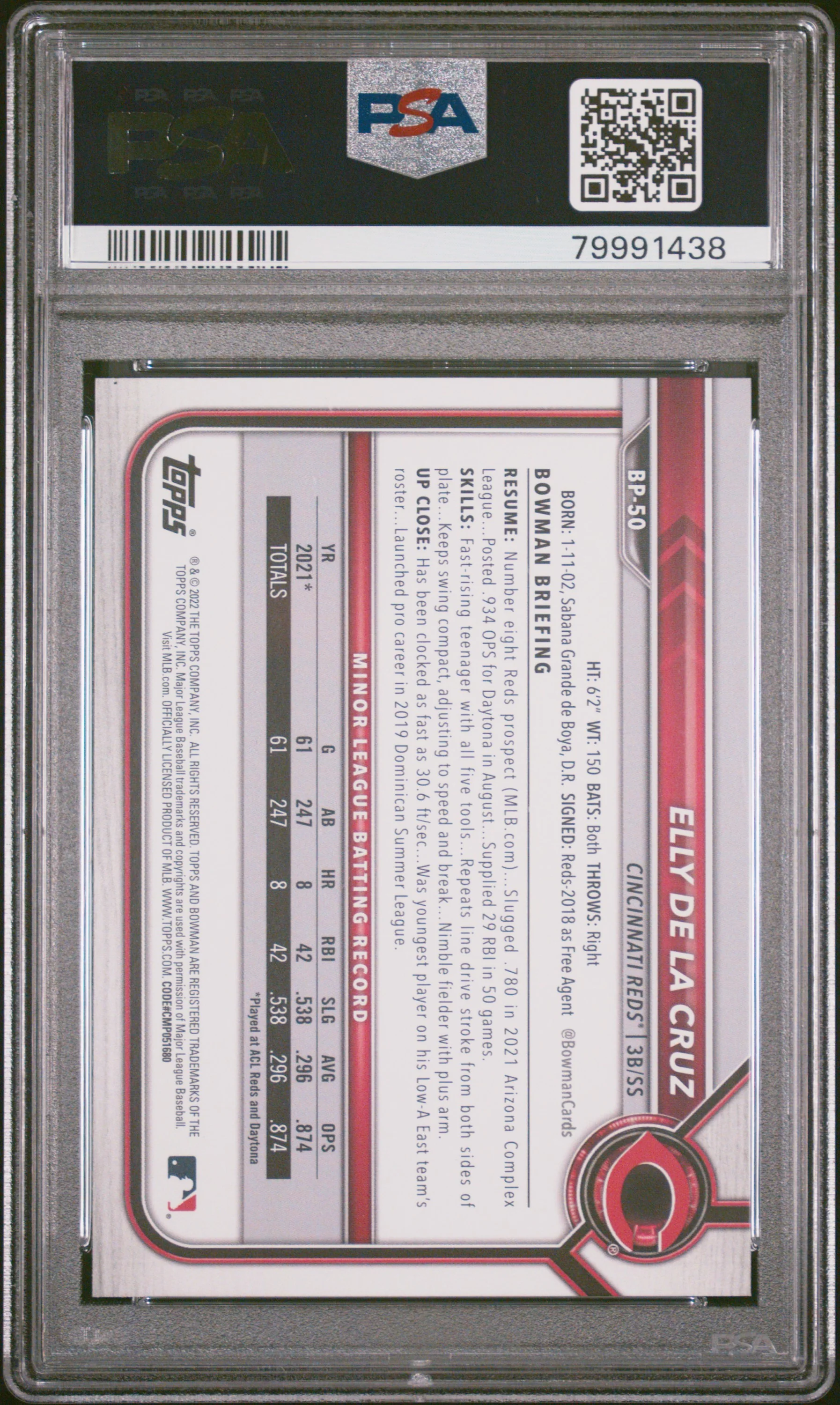 Elly De La Cruz 2022 Bowman Paper Prospects 1st Cincinnati Reds Baseball RC Rookie Card #BP50 Graded PSA 10 Cert #79991438
