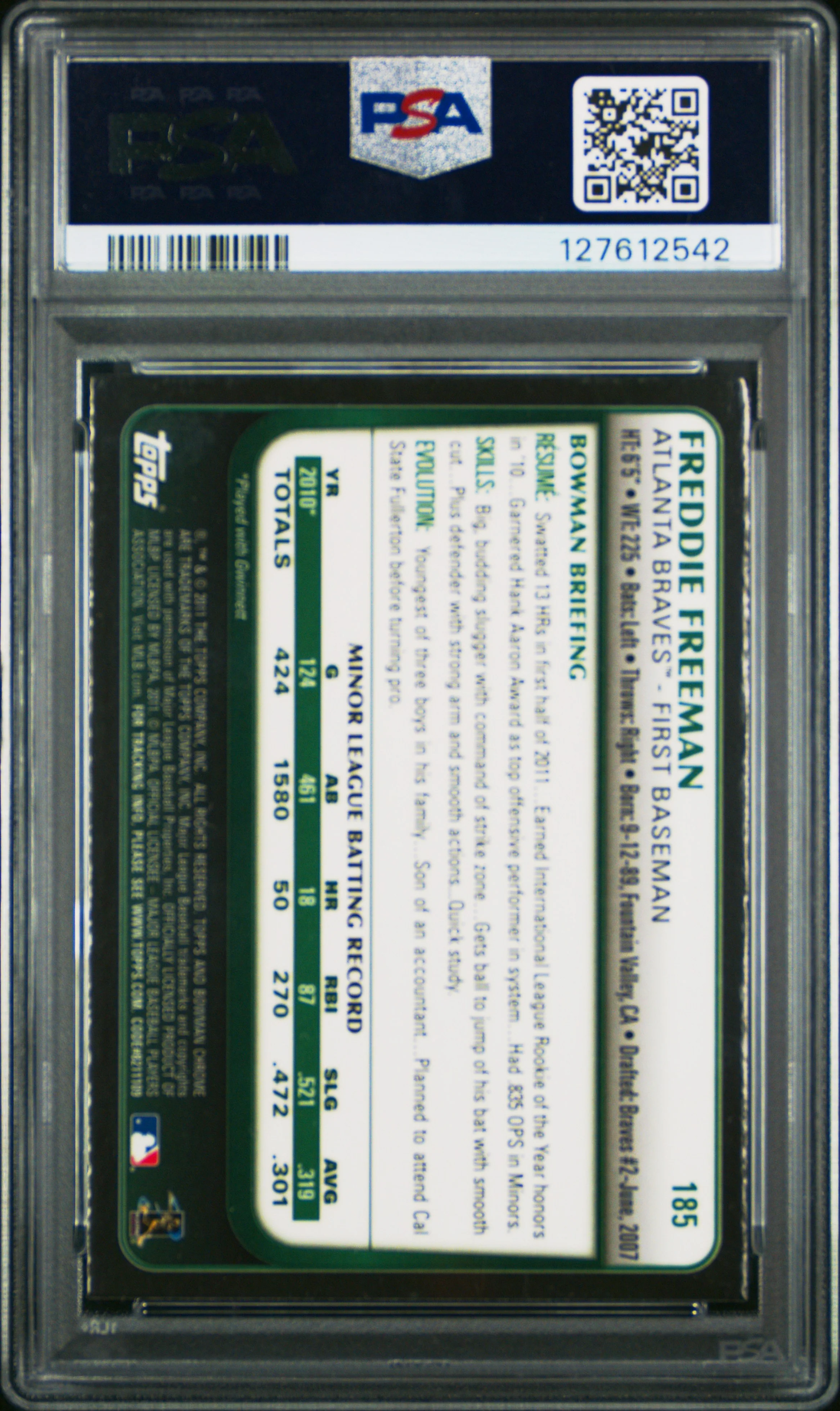 Freddie Freeman 2011 Bowman Chrome Baseball Rookie Card #185 Graded PSA 9 Cert #127612542 - Image 2