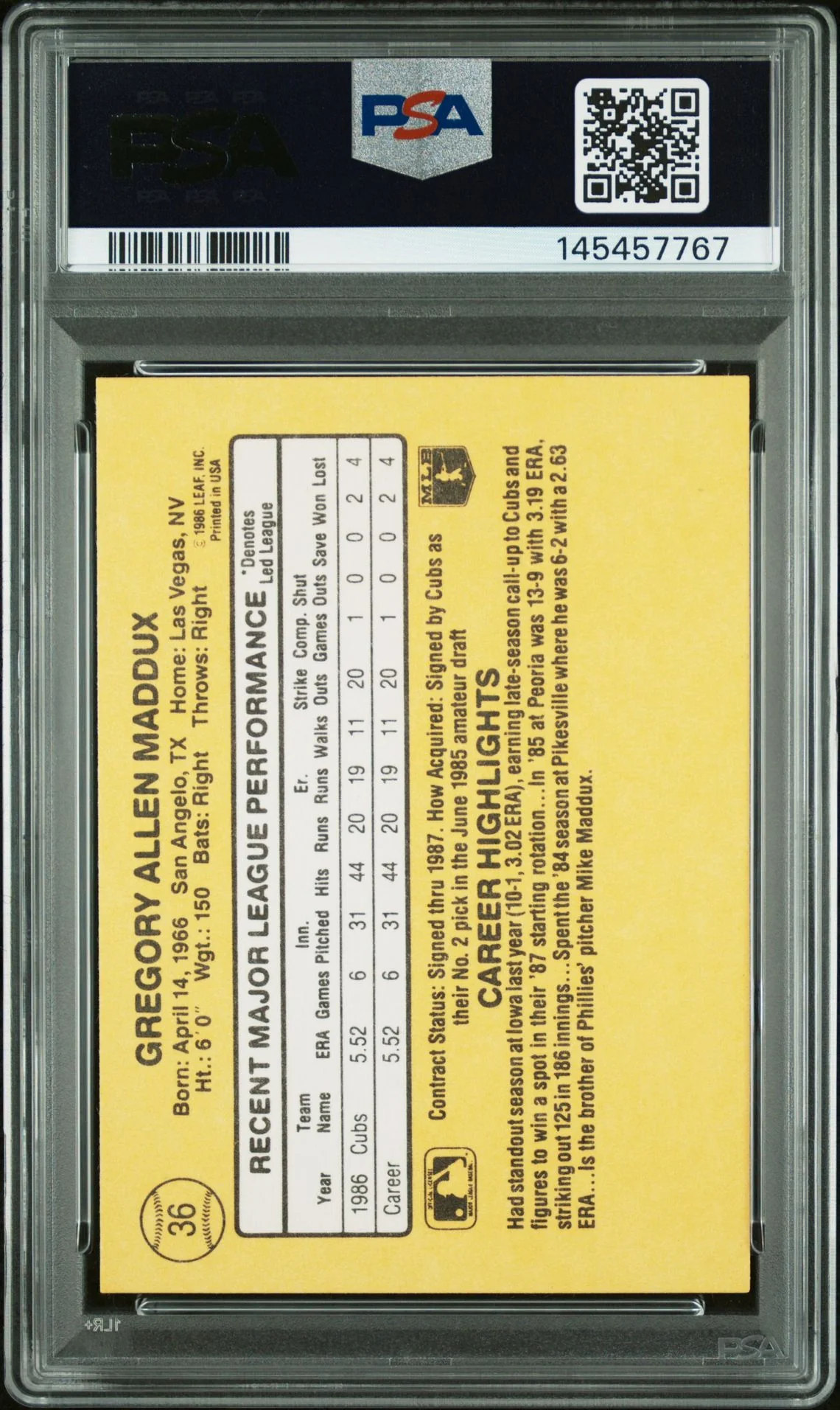 Greg Maddux 1987 Donruss Rated Rookie Chicago Cubs Signed Baseball RC Rookie Card #36 Graded PSA 8 Auto 10 Cert #145457767 - Image 2