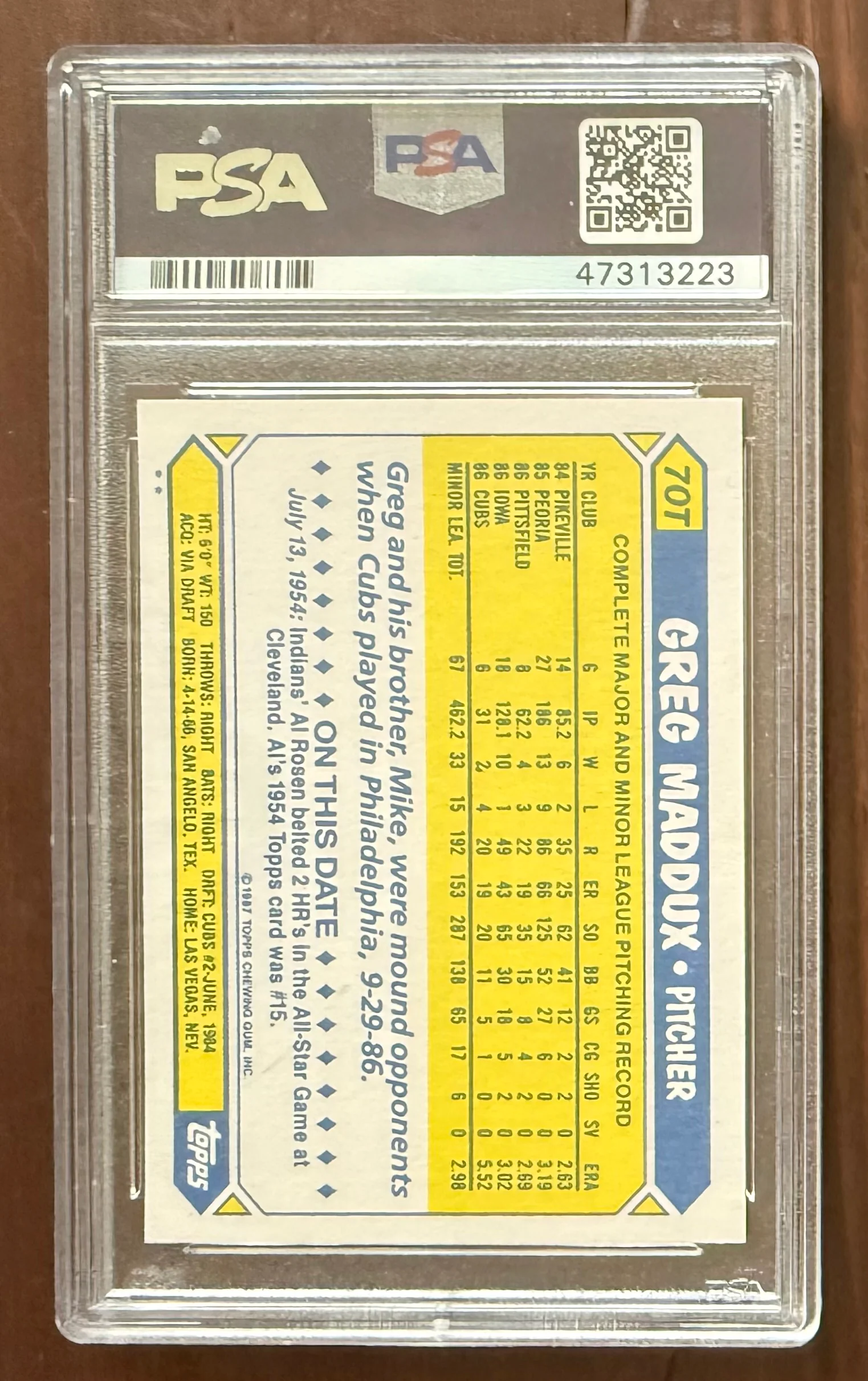 Greg Maddux 1987 Topps Traded Chicago Cubs Baseball Rookie Card RC #70T Graded PSA 10 Cert #47313223 - Image 2