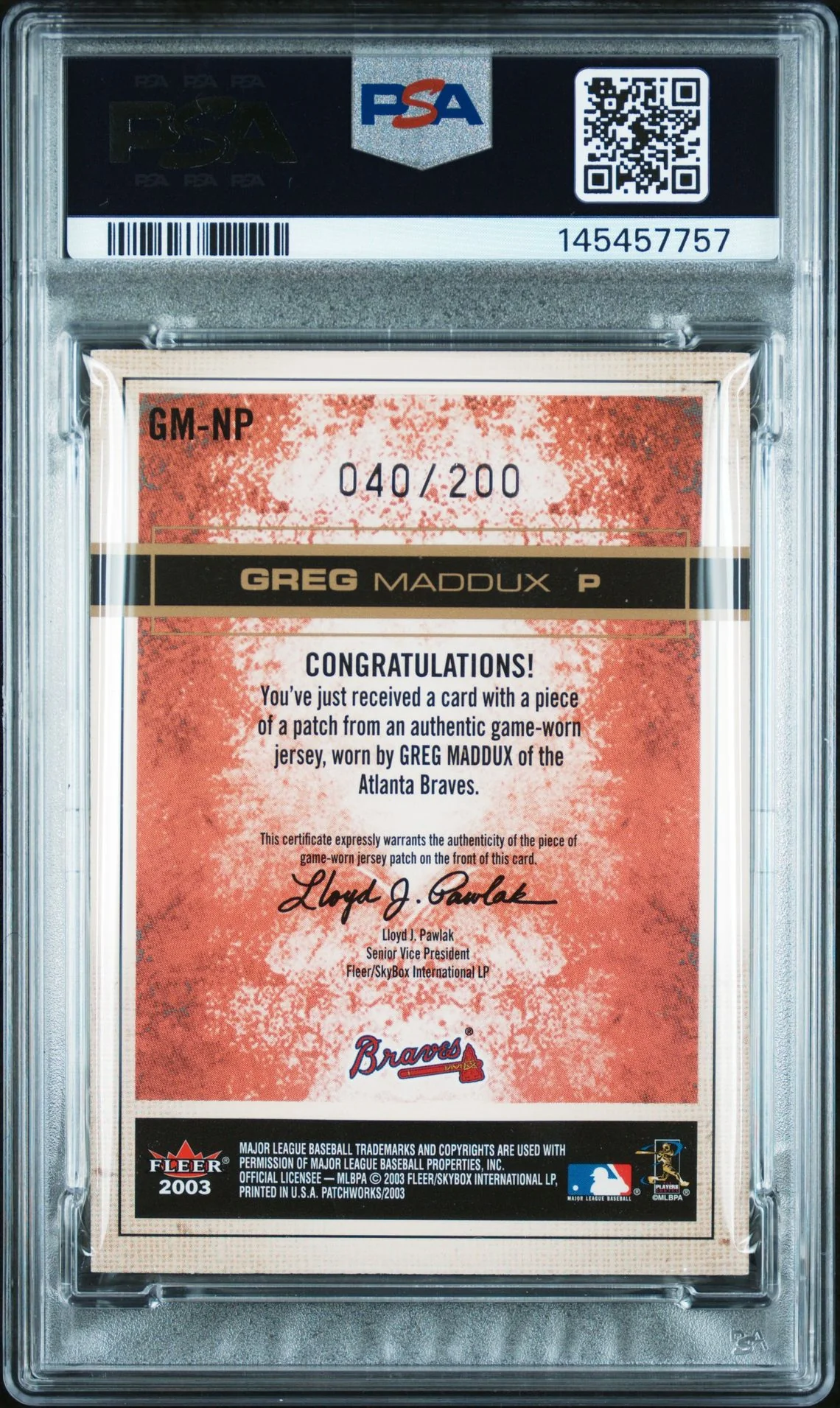 Greg Maddux 2003 Fleer Patchworks National Patchtime Trim Atlanta Braves Signed Baseball Jersey Game Worn Patch Card #GM-NP Graded PSA 5 Auto 10 Serial #40/200 Cert #145457757 - Image 2