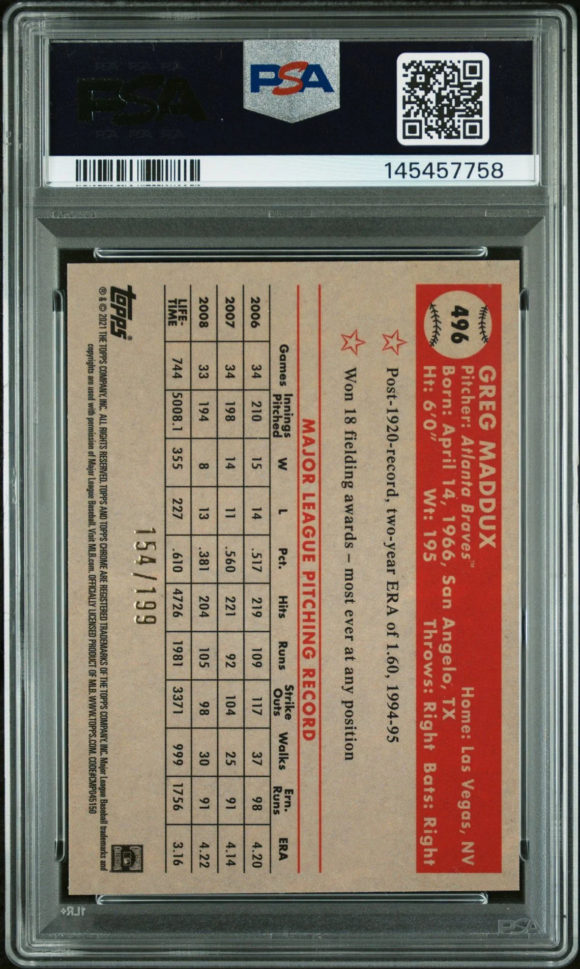 Greg Maddux 2021 Topps Chrome Platinum Anniversary Blue Mini Diamond Refractor Atlanta Braves Signed Baseball Card #496 Graded PSA 10 Auto 10 Serial #154/199 Cert #145457758 - Image 2