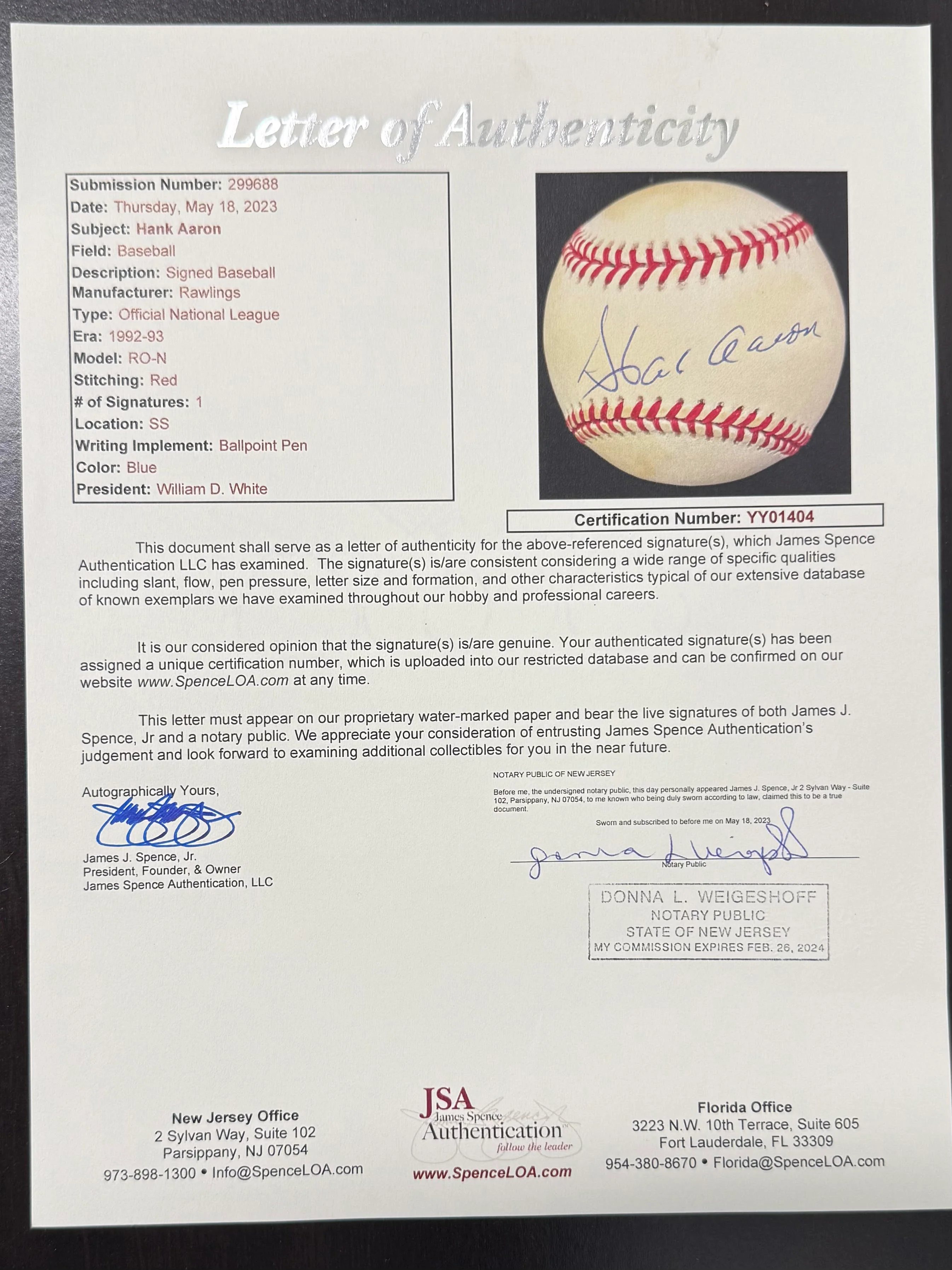 Hank Aaron Atlanta Braves Signed Baseball JSA YY94284 - Image 2