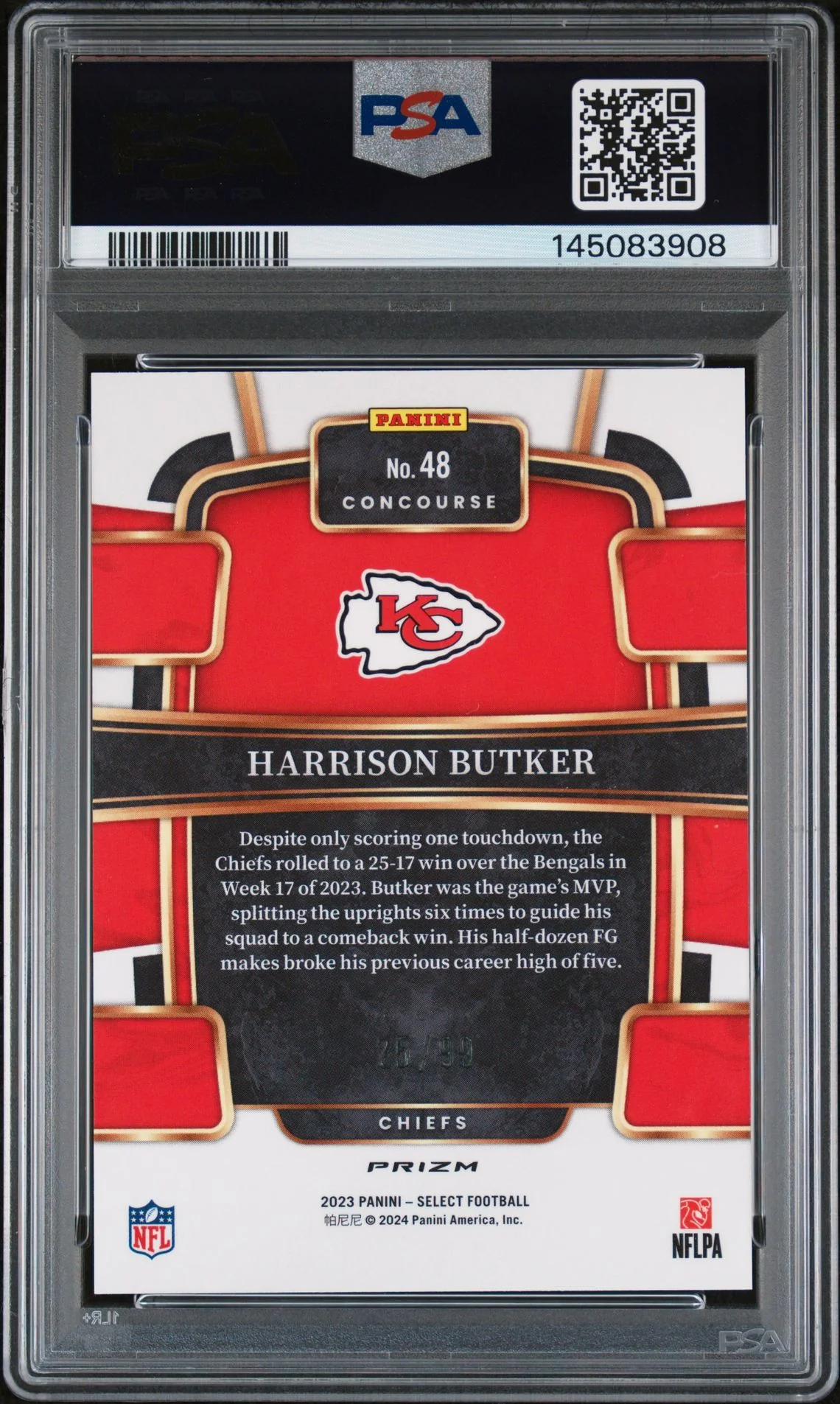Harrison Butker 2023 Panini Select Red Prizm Kansas City Chiefs Signed Football Card #48 Auto 10 Graded PSA 9 Cert #145083908 25/99 - Image 2