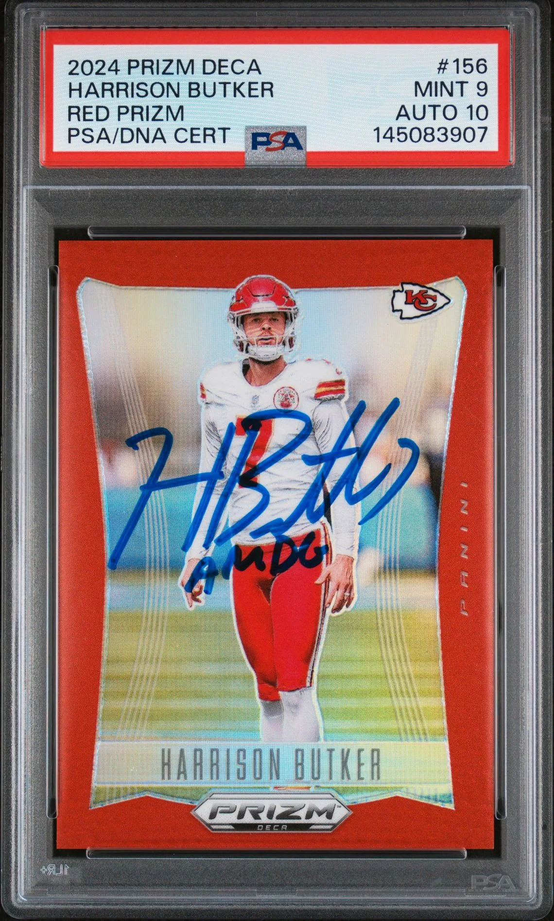 Harrison Butker 2024 Panini Prizm Deca Red Kansas City Chiefs Signed Football Card #156 Auto 10 Graded PSA 9 Cert #145083907 37/199
