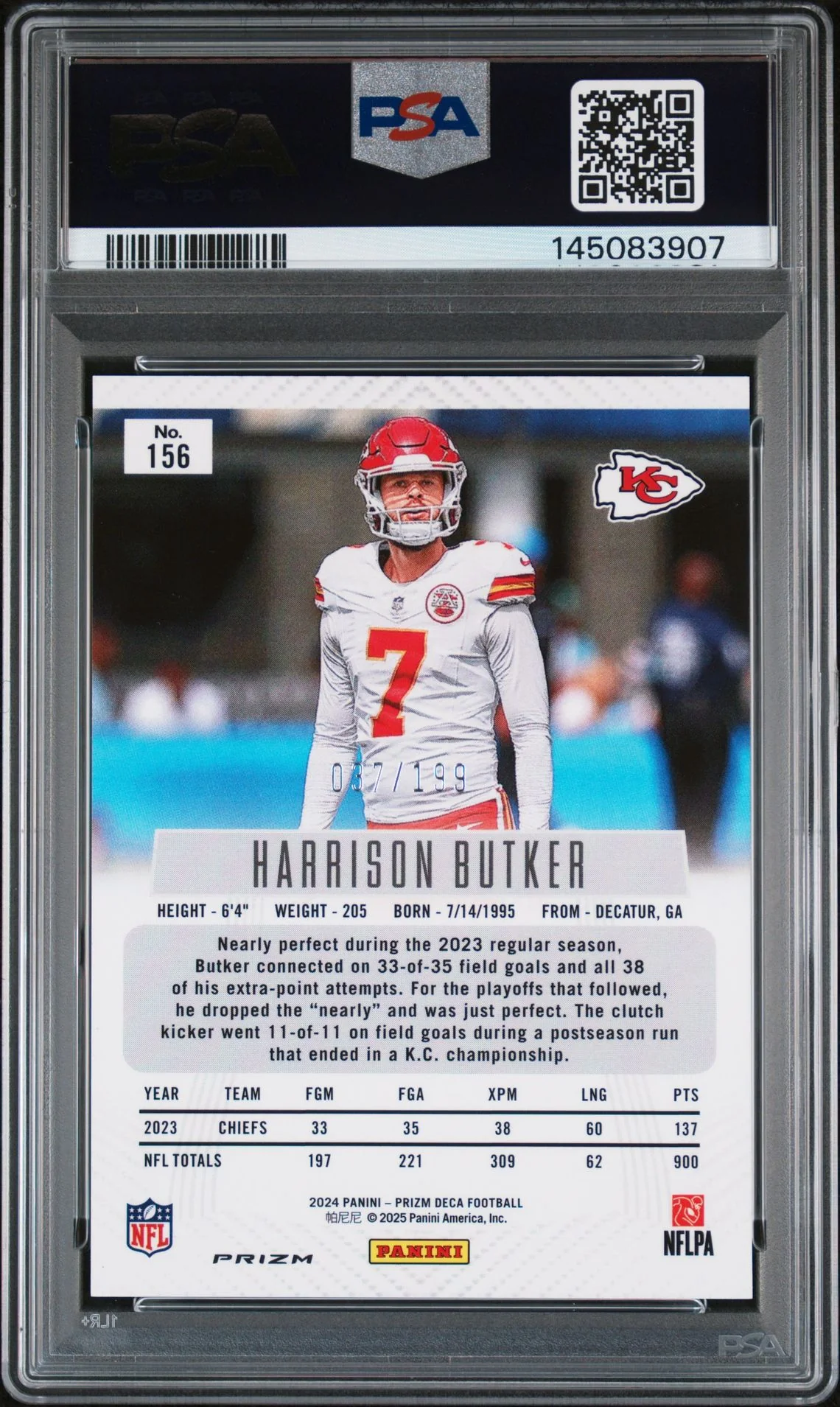 Harrison Butker 2024 Panini Prizm Deca Red Kansas City Chiefs Signed Football Card #156 Auto 10 Graded PSA 9 Cert #145083907 37/199 - Image 2