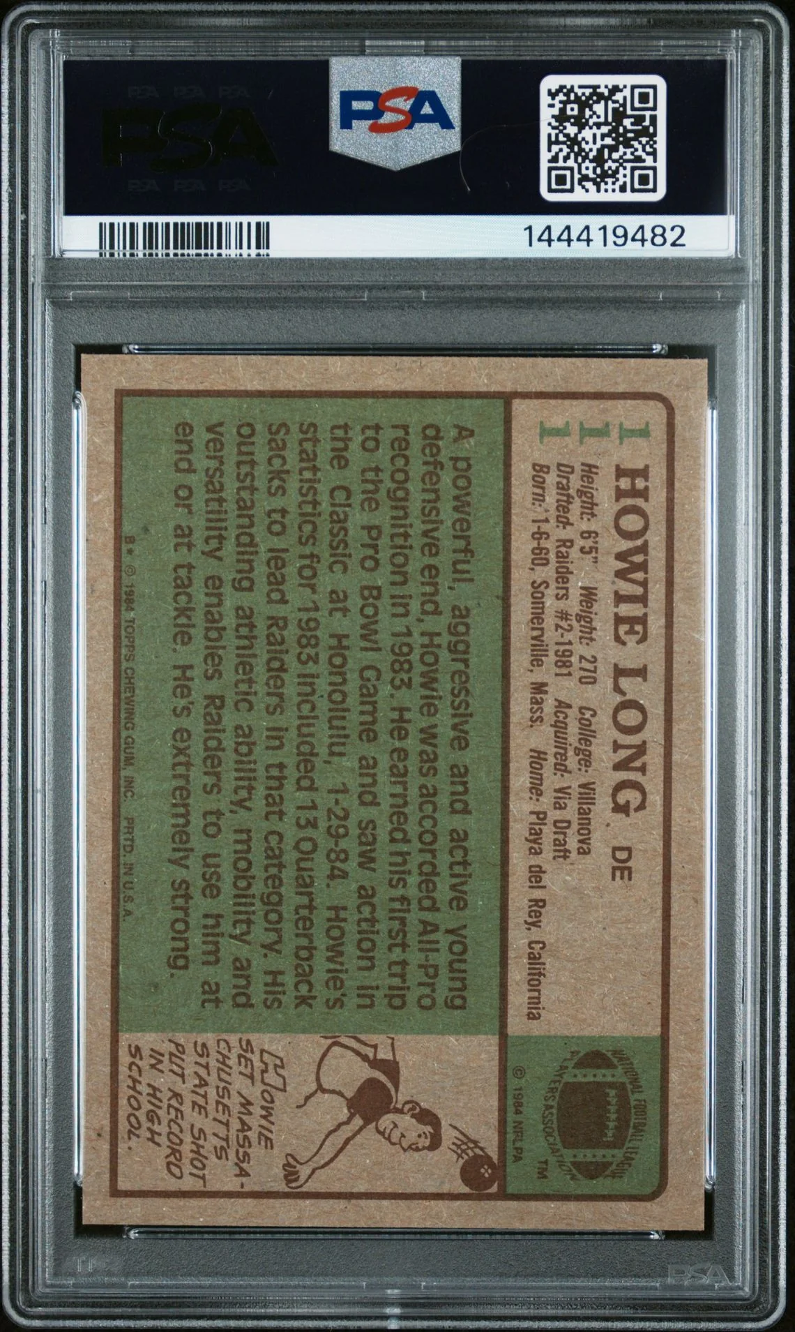 Howie Long 1984 Topps Oakland Raiders Signed Football RC Rookie Card #111 Graded PSA 8 Auto 10 Cert #144419482 - Image 2