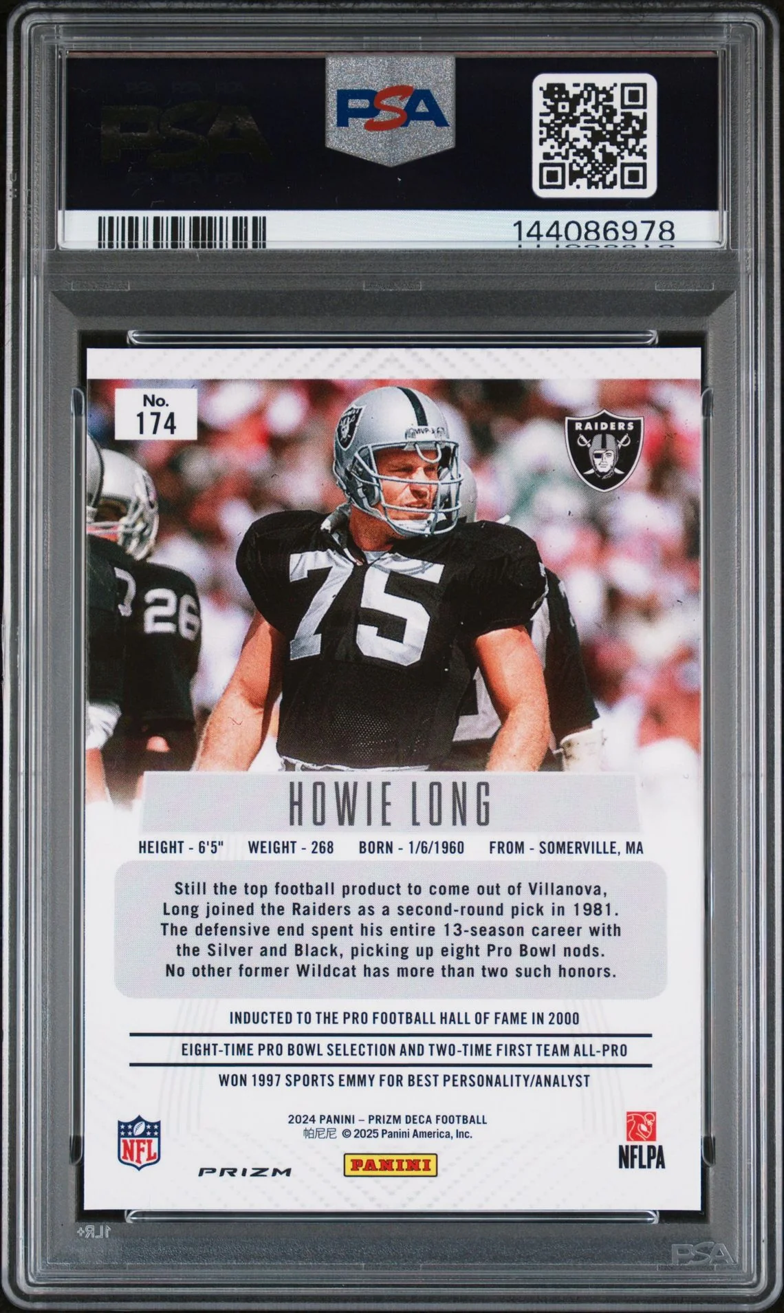 Howie Long 2024 Panini Prizm Deca Silver Oakland Raiders Signed Football Card #174 Authentic Auto Graded PSA 10 Cert #144086978 - Image 2