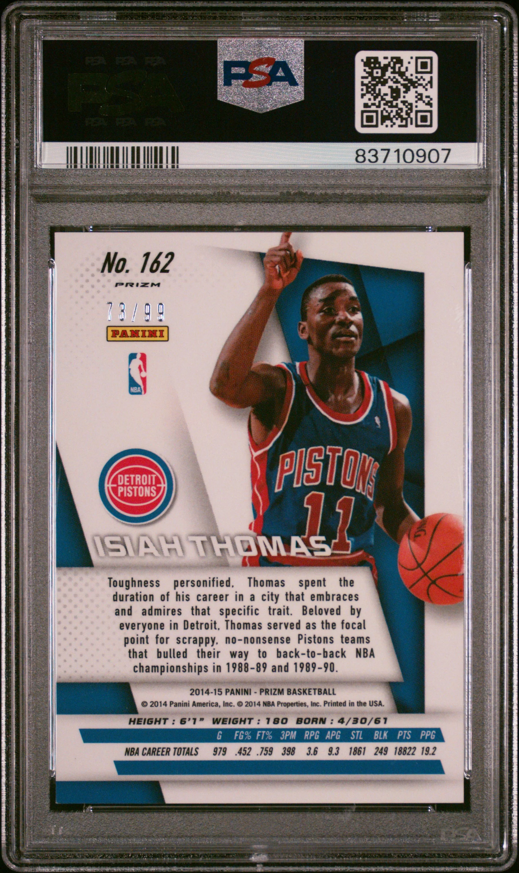 Isiah Thomas 2014 Panini Prizm Blue Signed Card #162 Auto Graded PSA 10 73/99 - Image 2
